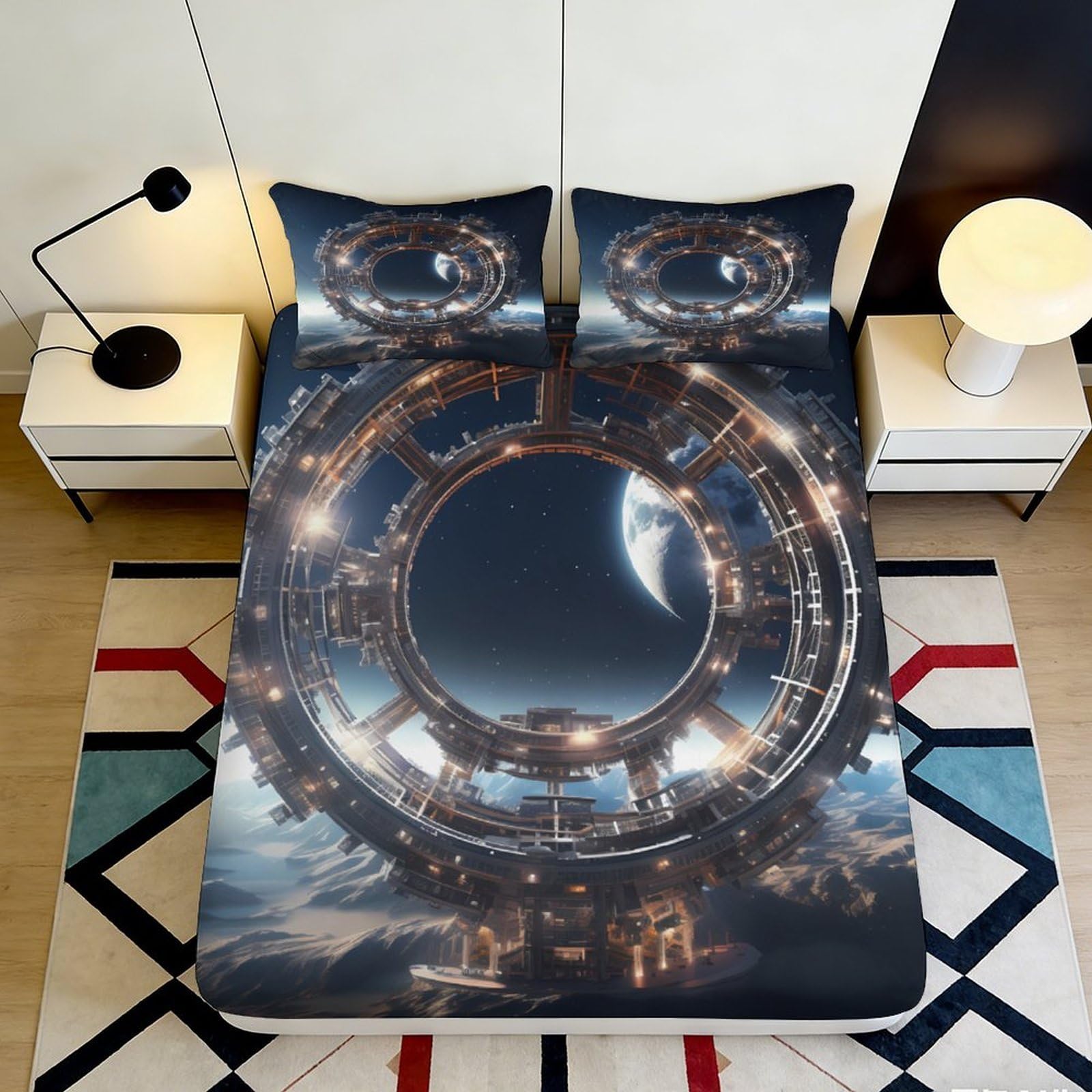 3D Printed Futuristic Cityscape Fitted Sheet Microfiber Soft Black Universe Mattress Cover for Bedroom Home Decor 90x200x25cm