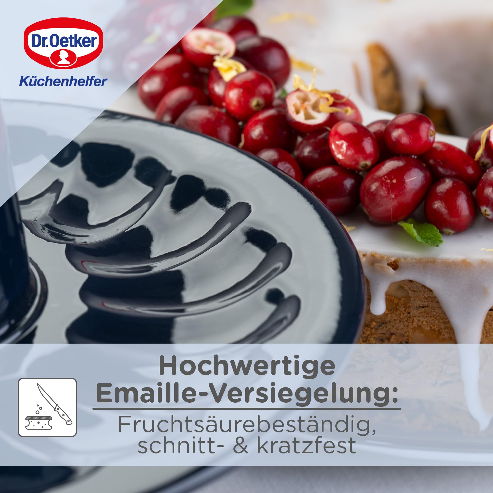 Dr. Oetker Garantieform Ø 26 cm Back-Liebe Emaille mit Flachboden und Rohrboden – Runde Ring-Backform mit schnitt- & kratzfestem Emaille-Boden – 26er Kuchenbackform für Kuchen und Torten