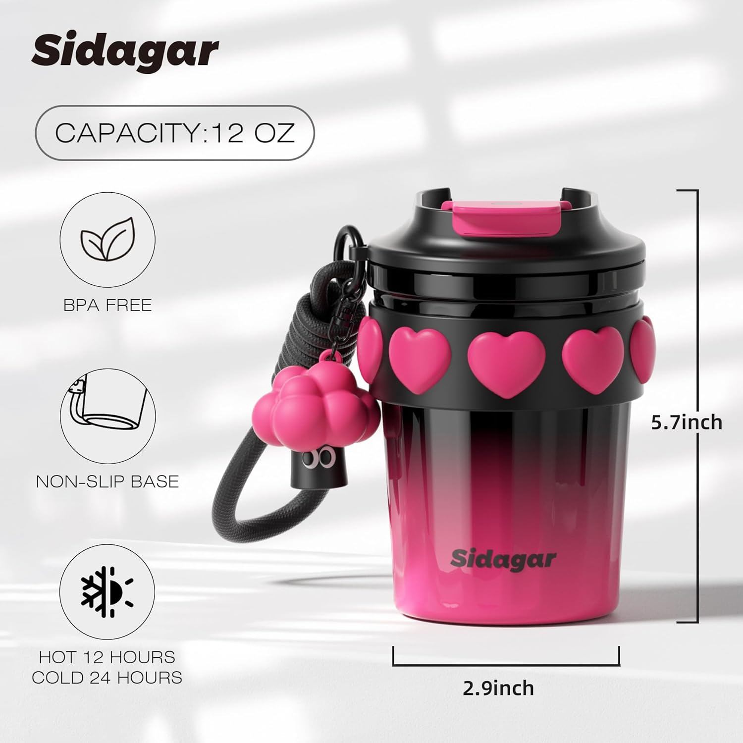 12 OZ Travel Coffee Mug with Lid Spill Proof Leak Proof, Stainless Steel Thermal Coffee Tumbler for Hot and Cold, Resuable Insulated Coffee Cup For Women, Black and Pink - Image 2