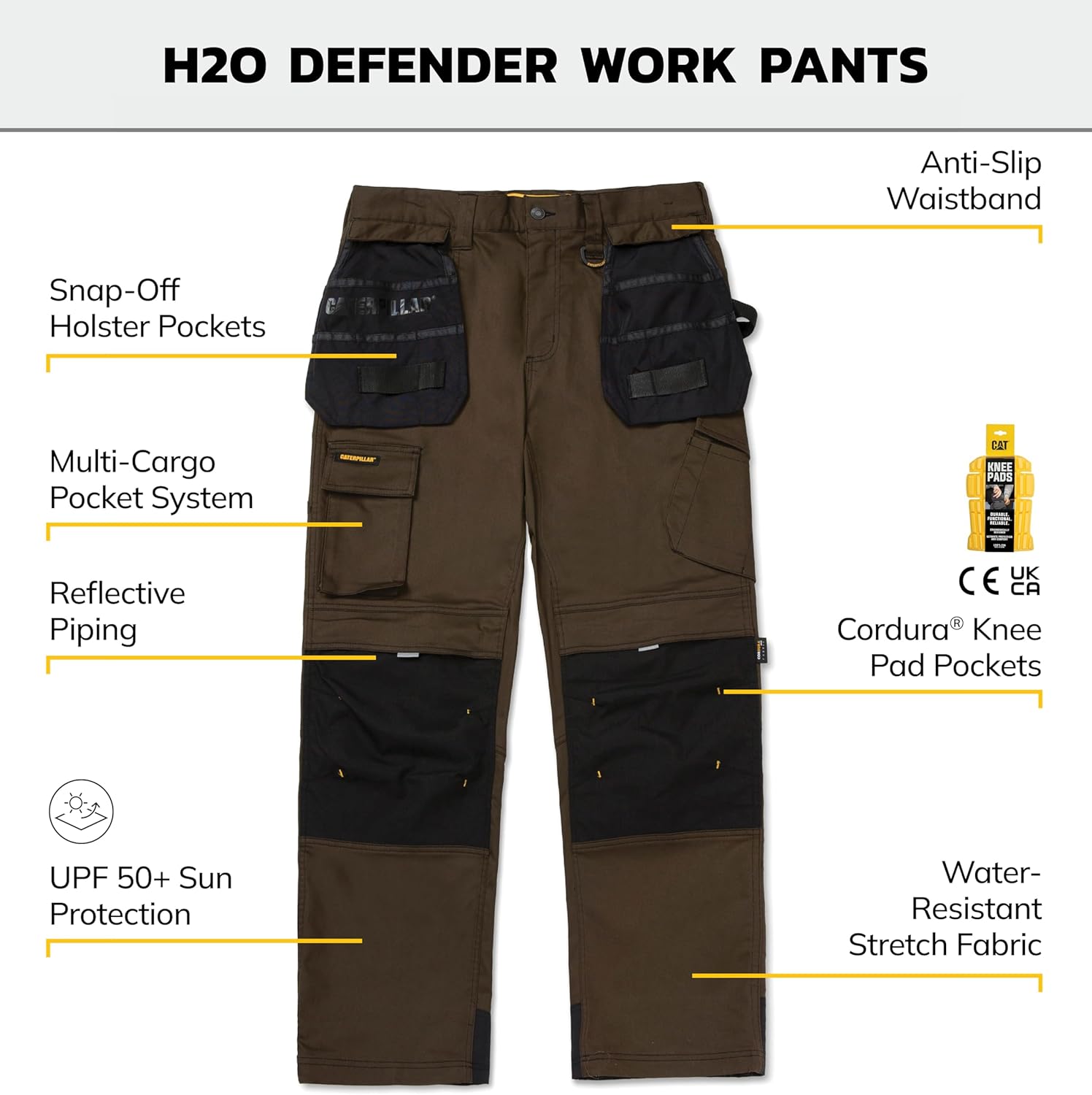 Caterpillar H2O Defender Water Resistant Work Pants for Men with Reinforced Knees, Bellowed Cargo Pocket and Tool Bags - Image 2