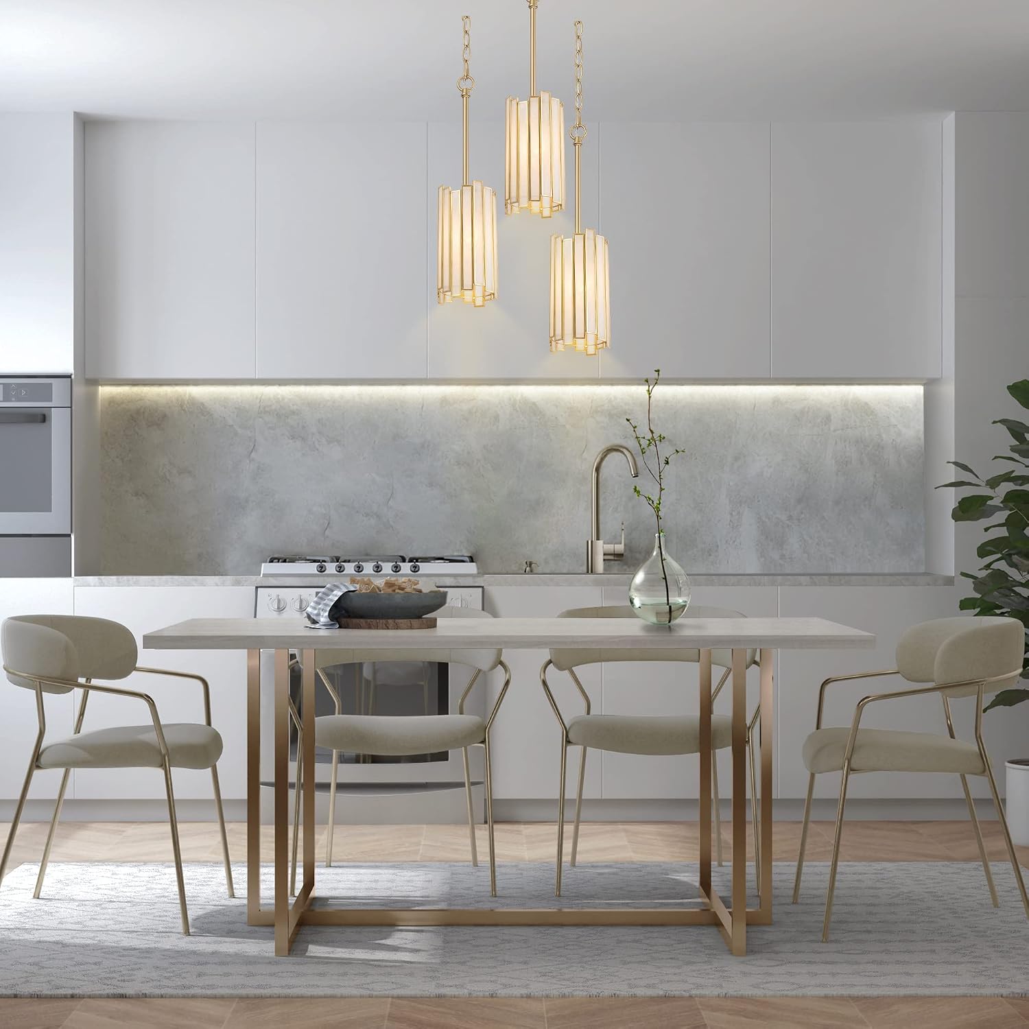 Durent Lighting Gold Pendant Lighting, Modern Cylinder Hanging Light Fixture with White Glass Shade for Kitchen Island, Entryway, Foyer, Dining Room and Bedroom