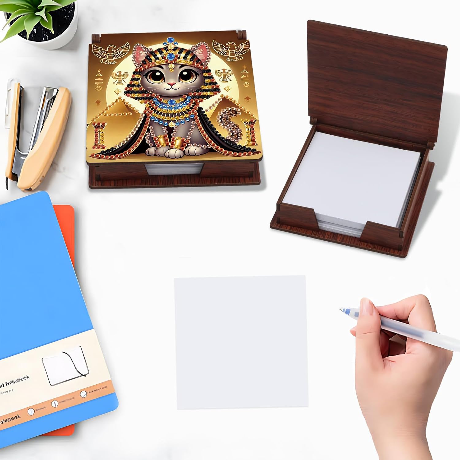 antor Diamond Painting Wooden Note Box with 160 Sheets, DIY Egyptian Style Cat Special Shape Diamond Art Note Holder for Adults Memo Pad Holder, Flip-top Desk Organizer for Home Office Supplies image 4