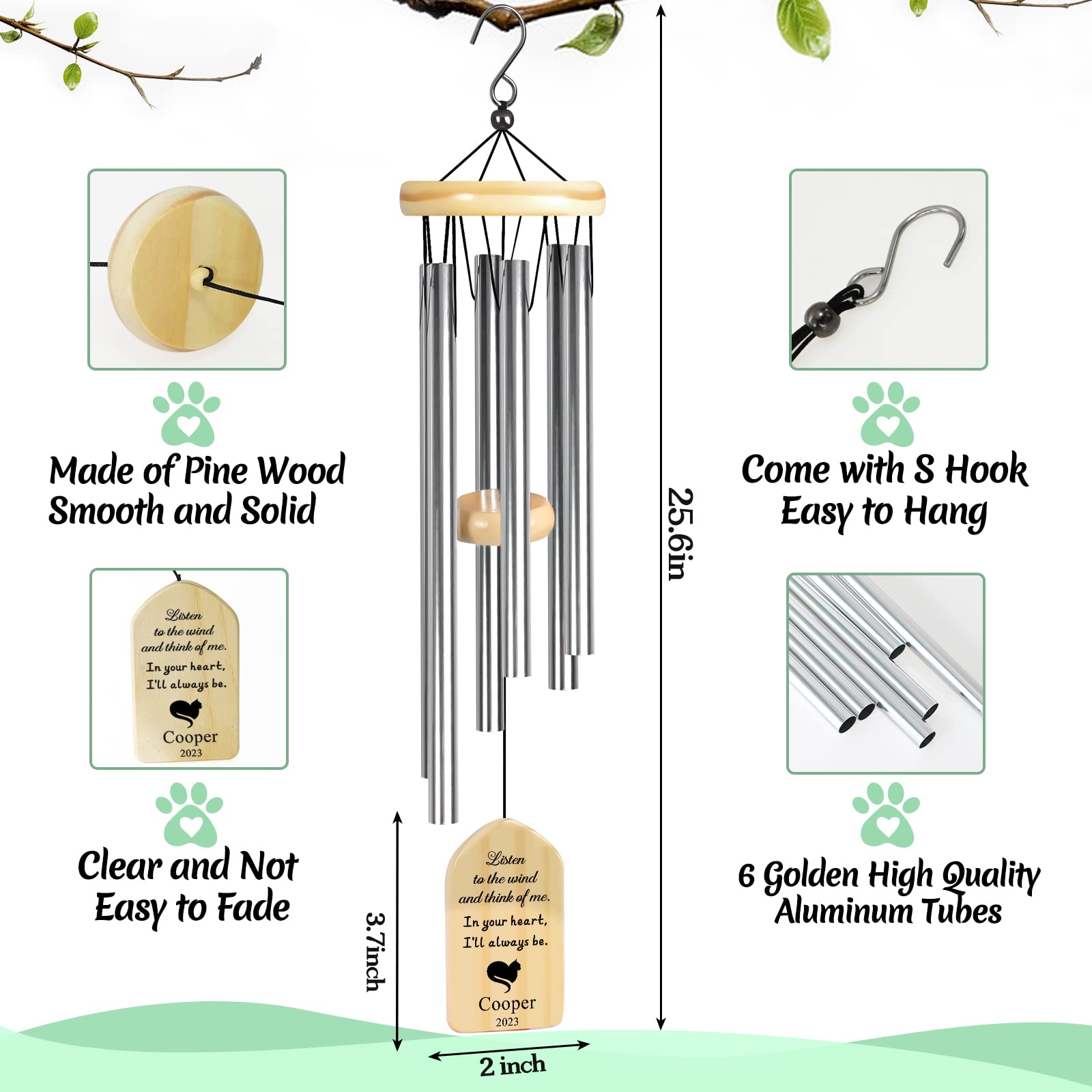 Touber Personalized Memorial Wind Chime - Pet Loss Gifts for Cat, In Memory of Cat