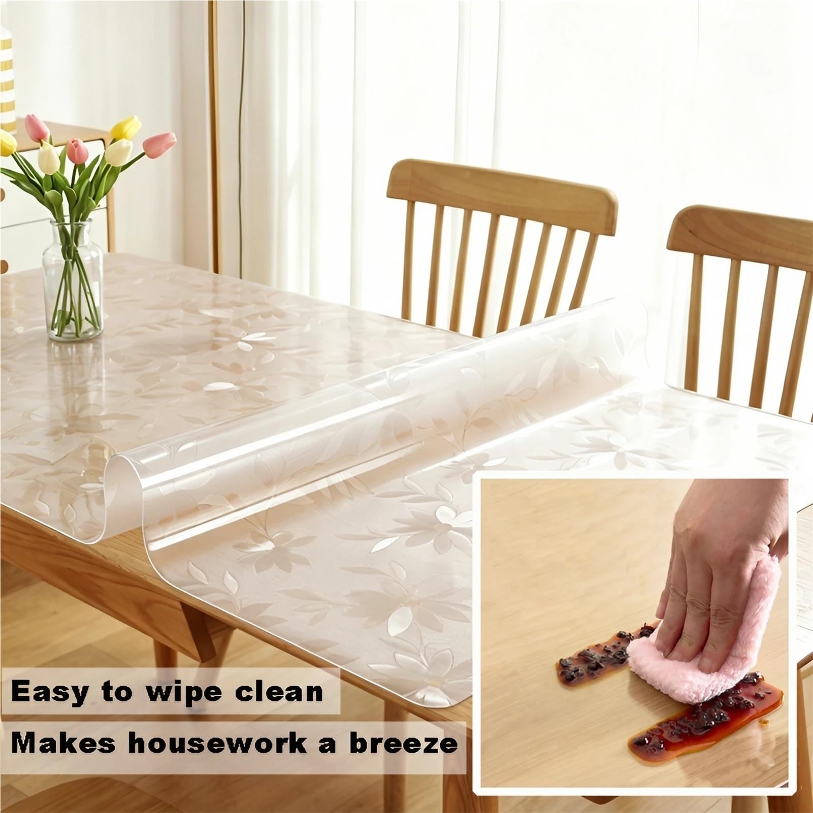 Tovaglia Plastificata Rettangolare Trasparente per Cucina e Pranzo, Impermeabile Lavabili Wipe Clean Antiscivolo Resistente | PVC 2mm | Protezione Mobili con Design Fiori(80 x 120 cm)