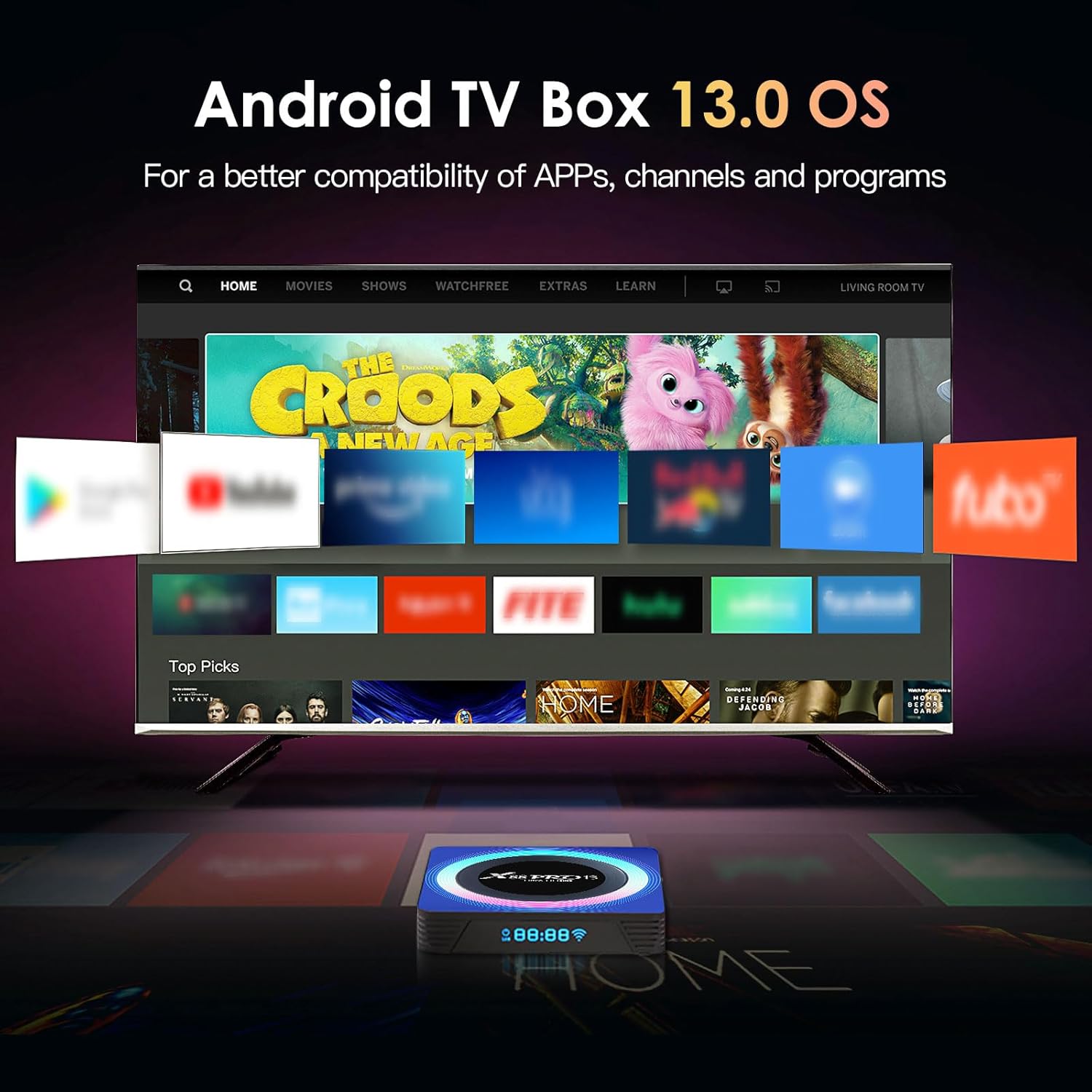 Screenshot of the Android 13.0 OS interface on a TV screen, showing various streaming app icons and a smaller image of the TV box.