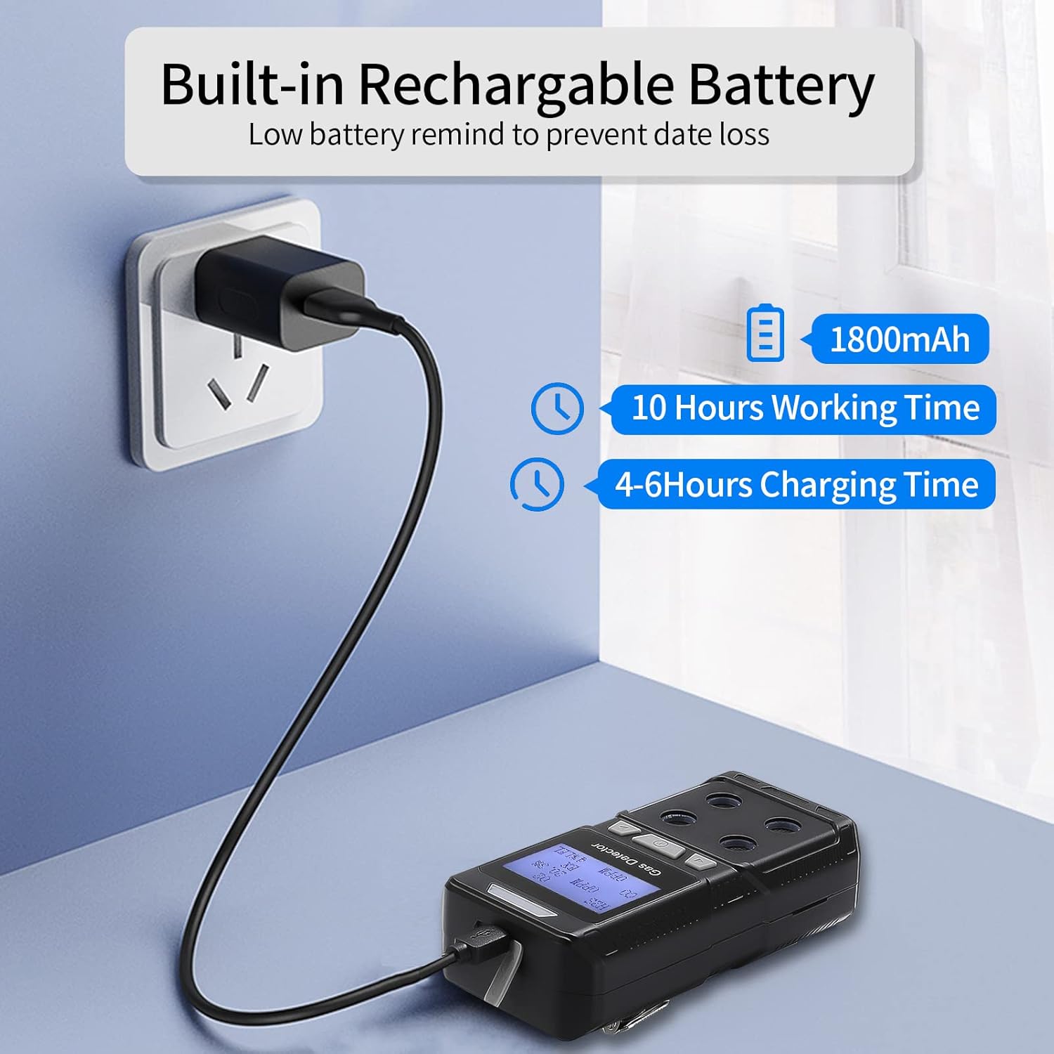Seesii 4-in-1 Portable Gas Detector connected to a charger