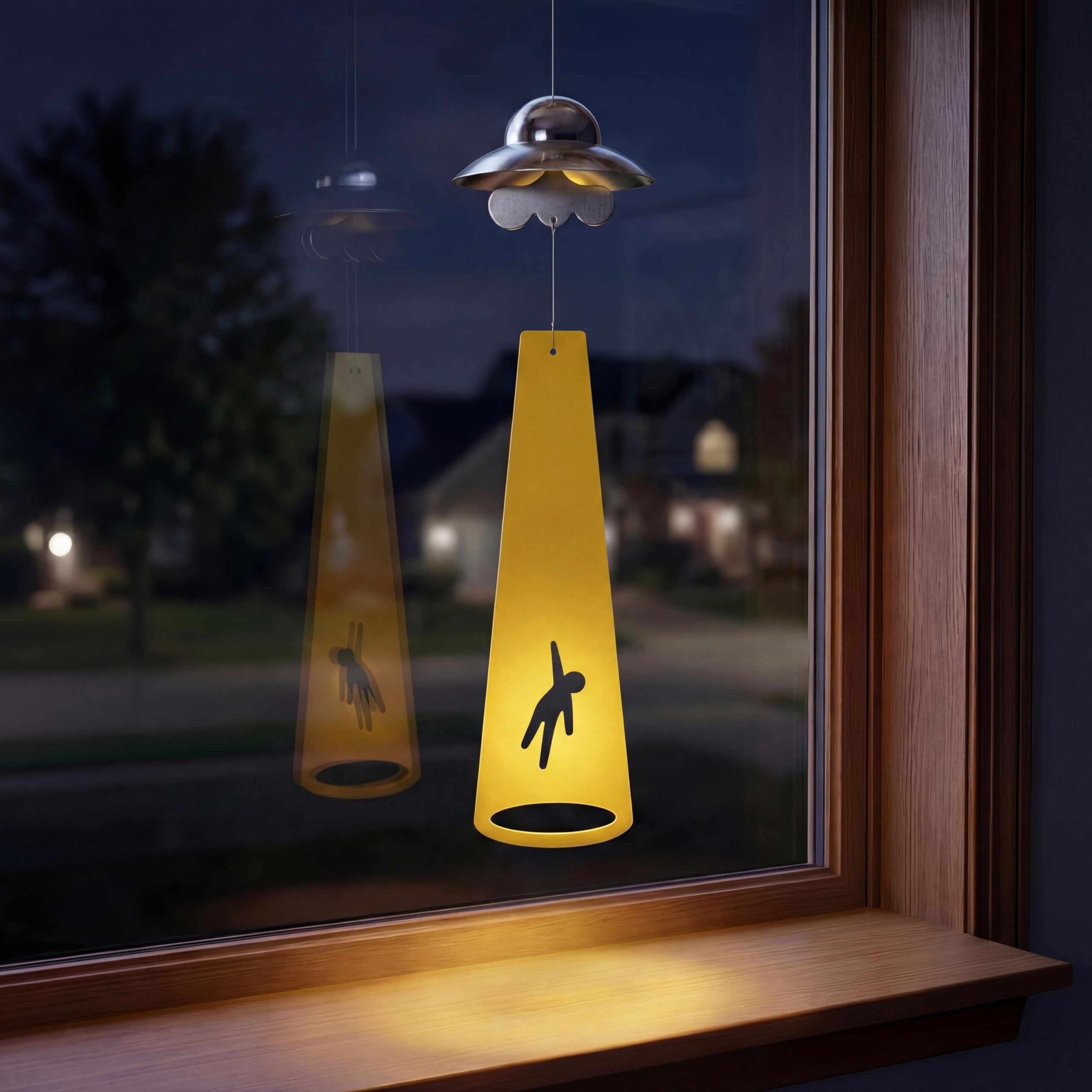 Funny Metal UFO Spaceship Wind Chime with Summoning Card Quirky Sci-Fi Hanging Decor for Bedroom & Study, Novelty Alien Gift for Teens & UFO Lovers, Unique Indoor Ornament (Farmer)