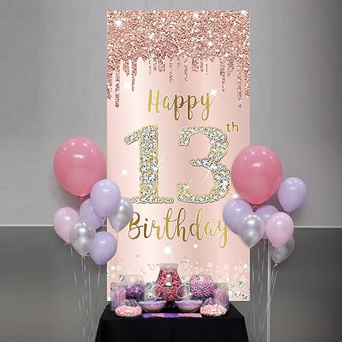 Miniatura 5 de Cartel de feliz cumpleaños número 13 para niñas, decoración de letrero de puerta de fiesta de cumpleaños rosa dorado rosa rosa para cumpleaños