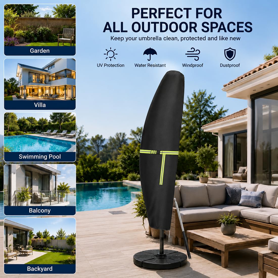 Ampelschirm-Schutzhülle für sweeek Antibes 200x300 2024-2026, wasserabweisendes Oxford-Gewebe mit Reißverschluss, Fixiergurt und Kordelzug für Garten und Terrasse