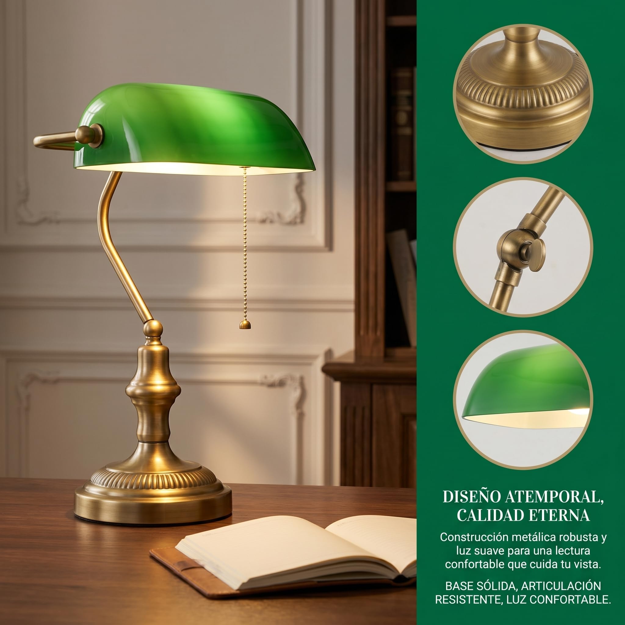 BARCELONA LED Lámpara Banquero Vintage E27 Orientable Con Cristal Verde