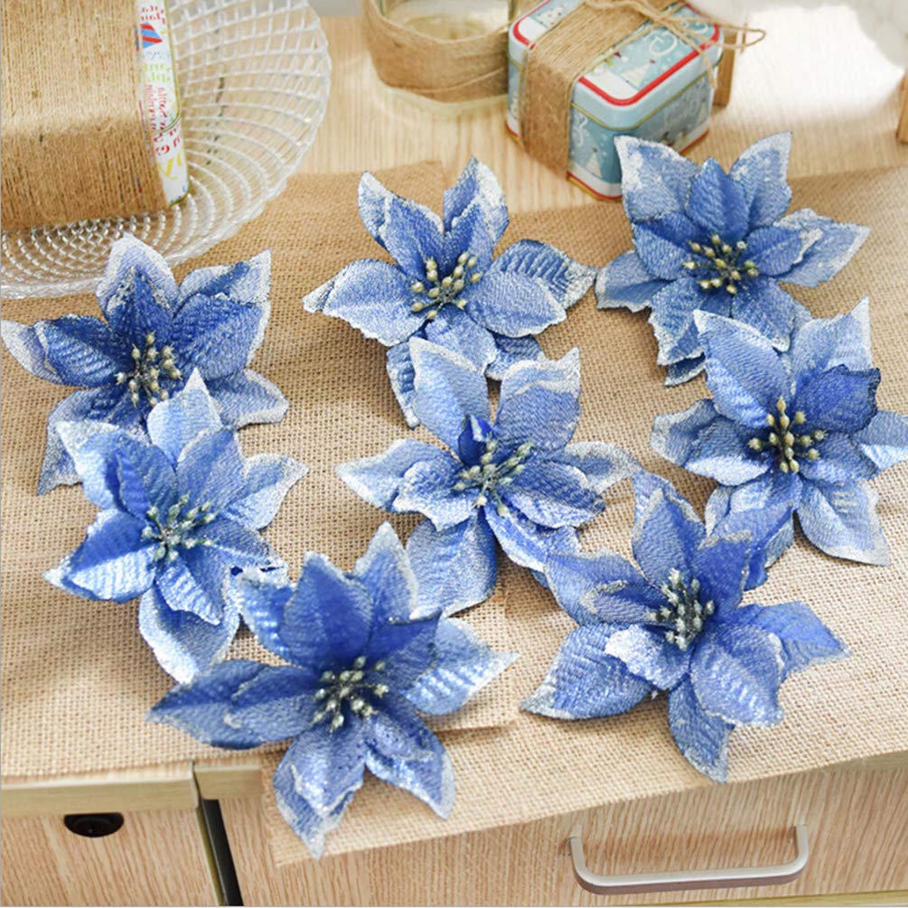 RLKHXBS Poinsettia 8 Piezas de 13 cm de Flores de Pascua de Navidad, Flores con Purpurina, decoración de Navidad, Adornos de árbol de Navidad para Corona, día de conmemoración de Boda