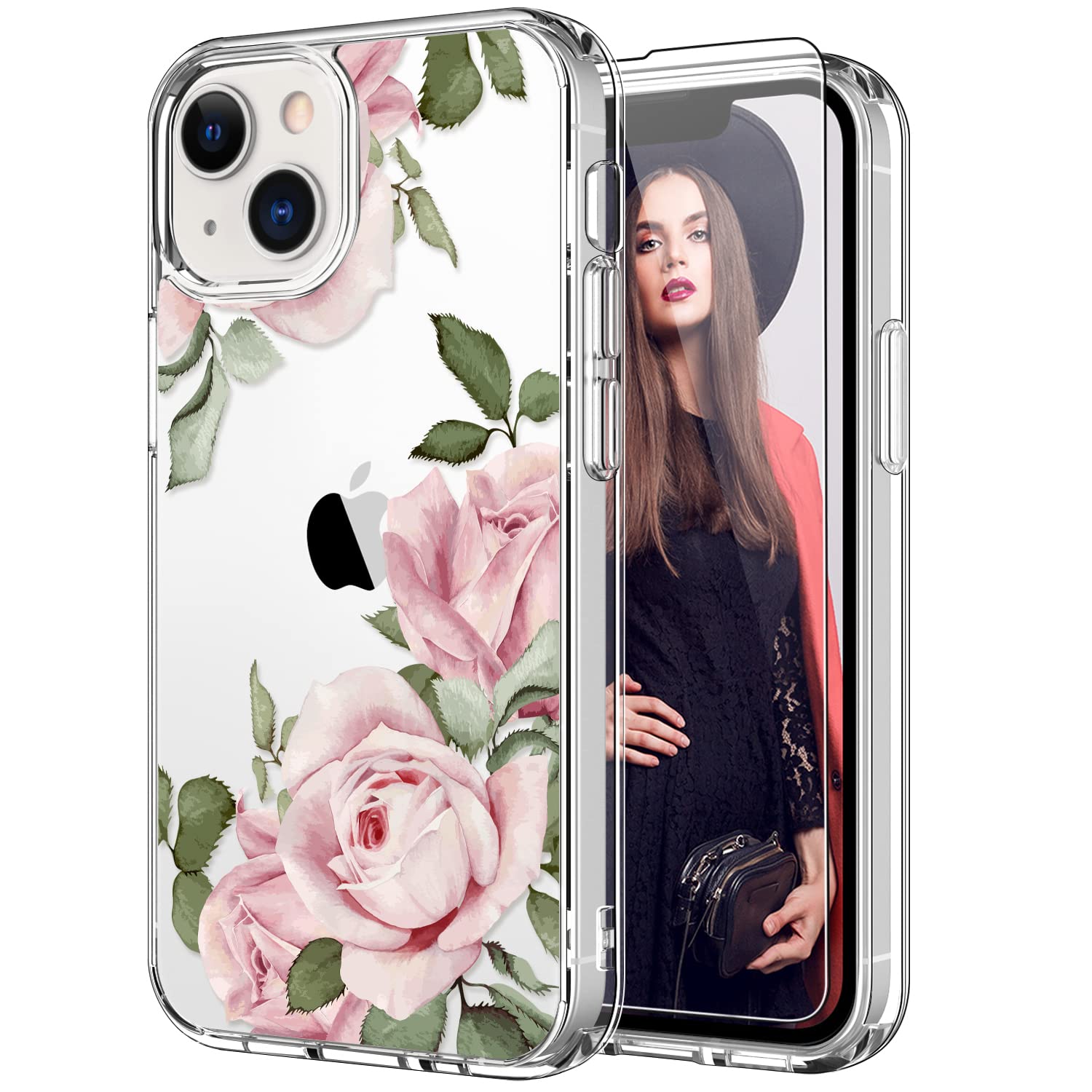 ICEDIOICEDIO iPhone IC Case with Screen Protector,Slim Fit Crystal Clear Cover with Fashion Designs for Girls Women,Durable Protective Phone Case for iPhone IC 6.1" Cute Blooming Pink Floral