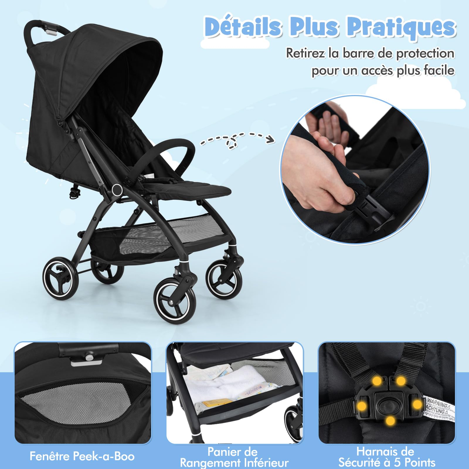 DREAMADE Poussette Canne, Légère 6,2 KG, 0-36 Mois, Poussette Ultra Compact Bébé Pliable à Une Main (Noir)