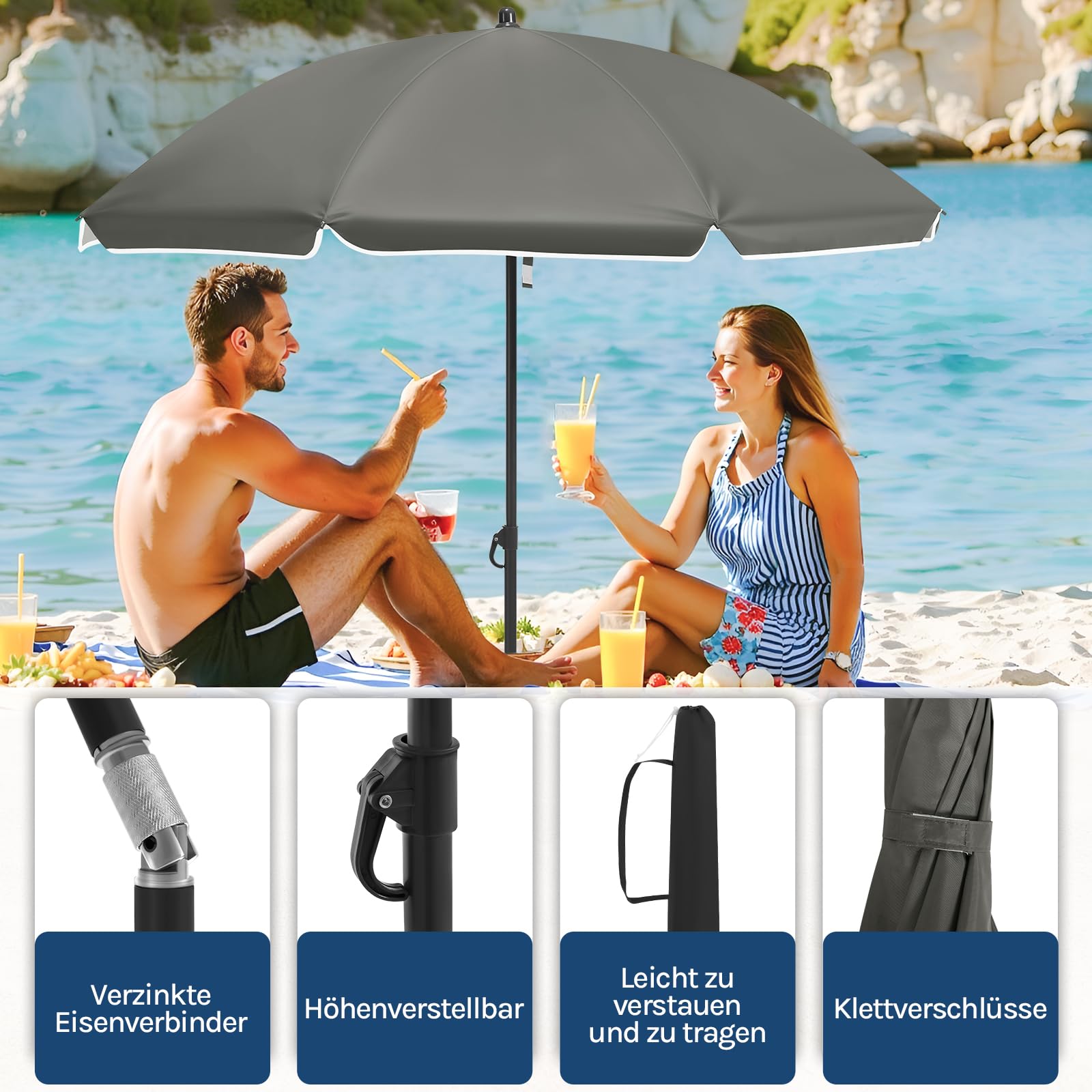 WOLTU Parasol de Jardin Ø135/155/175cm Inclinable, en Tissu Imperméable Anti-UV à UPF 50+, Hauteur Réglable pour Balcon, Terrasse, Patio, Piscine, Plage - Beige/Gris Foncé