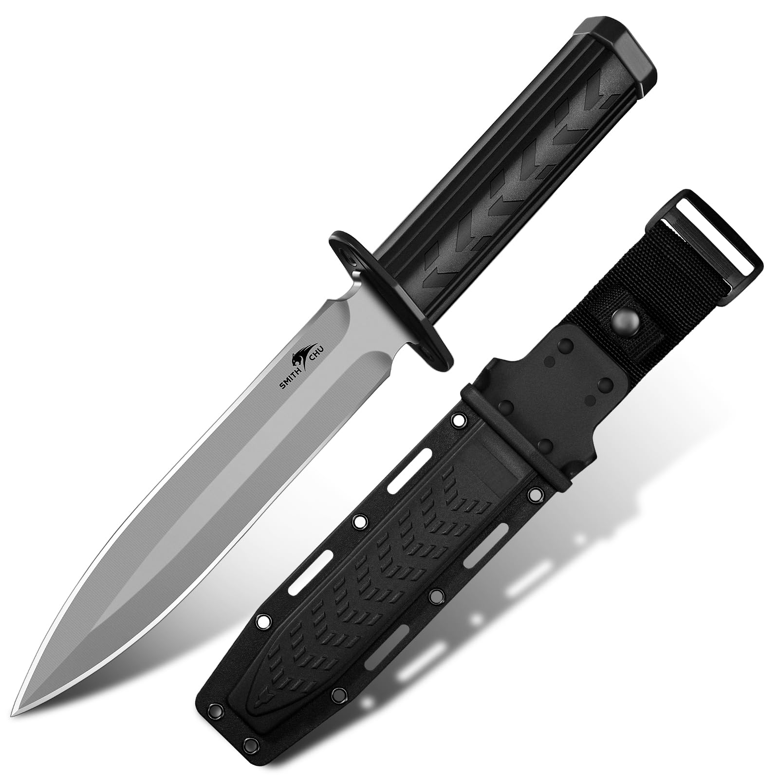 SMITH CHU Outdoor Messer Feststehend, Survival Messer für Trekking Camping, Kydex Scheide mit Schleifstein, Ergonomischer Griff, Schwarz Bushcraft Ausrüstung, Geschenke für Männer