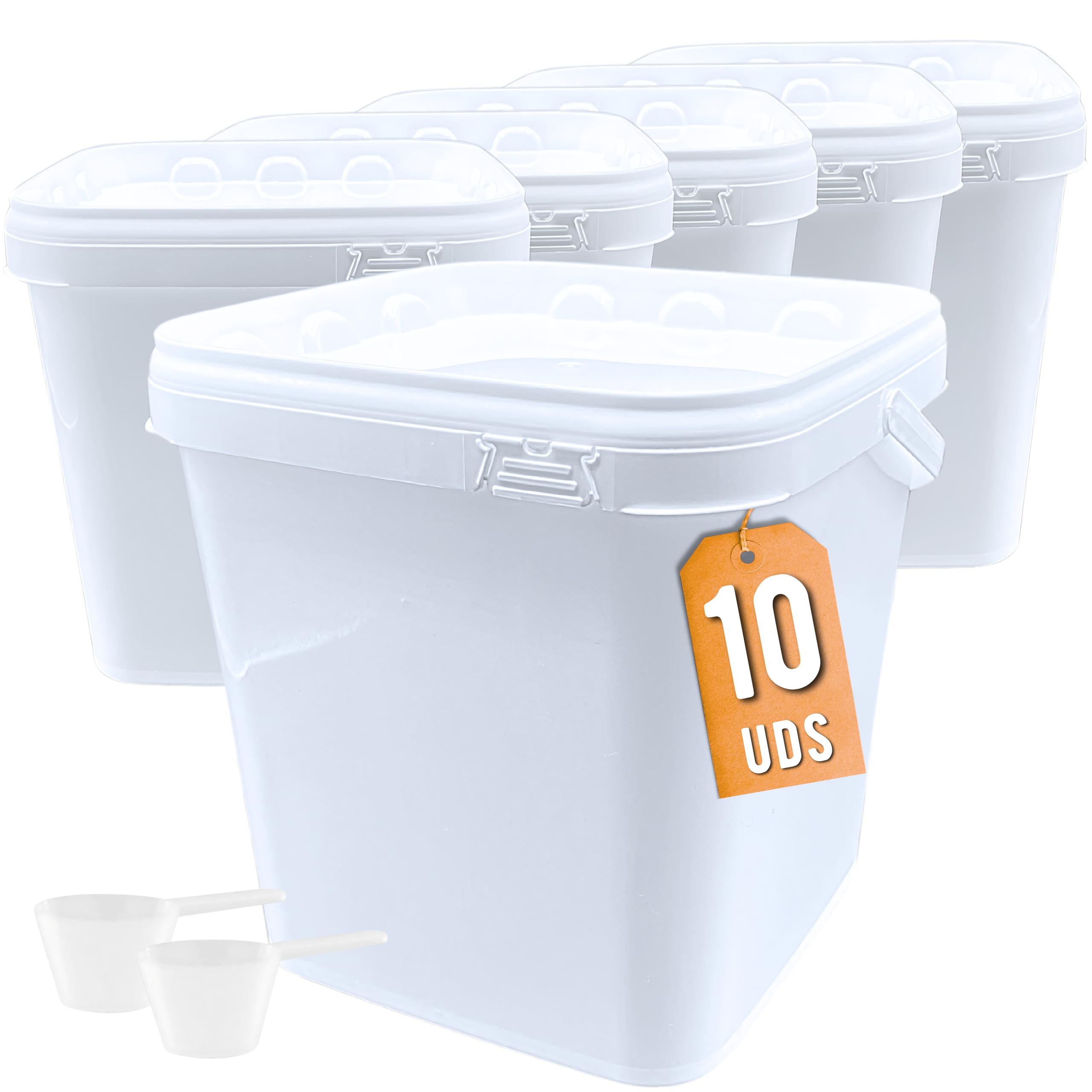 Üka • 10 Cubos Blancos de Polipropileno 5,4 L - 20x20x20,5 cm. Cubos de Plástico Duro con Tapa. Recipientes Herméticos para Alimentos. Cubos Vacíos con Asa. Diseño Apilable y Libres de BPA.