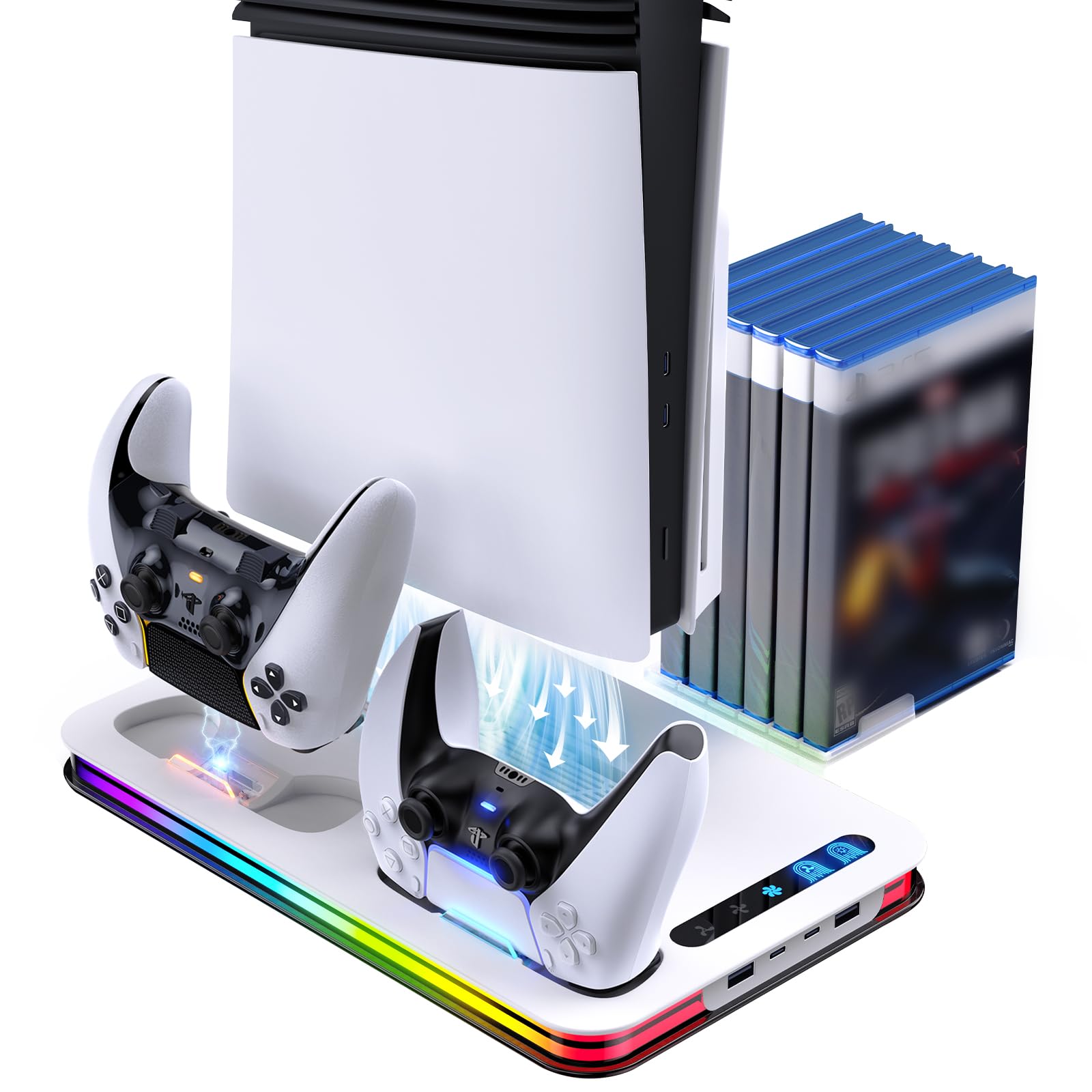 Supporto per PS5/PS5 Slim/PS5 Pro, P5 Verticale Supporto di Raffreddamento con 3 Livelli di Velocità e 8 Luci RGB P5 supporto Verticale con Caricatore Controller PS5, 6 Slot per Giochi