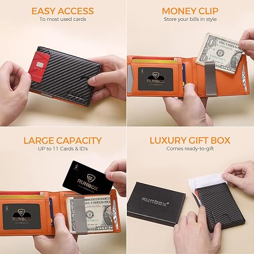 Miniatura 185 de RUNBOX - Carteras delgadas para hombre, cartera de piel con pinza para el dinero, cartera de bolsillo frontal con bloqueo RFID, tarjetero Negro