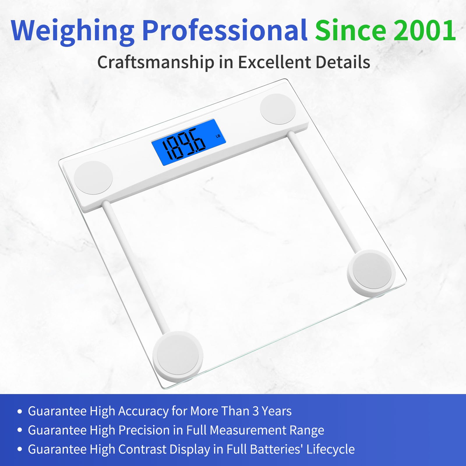 Homebuds Bilancia Pesapersone, Alta Precisione Assicurato dalla fabbrica professionale di Bilancia Pesapersone Digitale dal 2001, LCD retroilluminato blu e Step-On, 2*AAA, 182kg, Vetro Trasparente