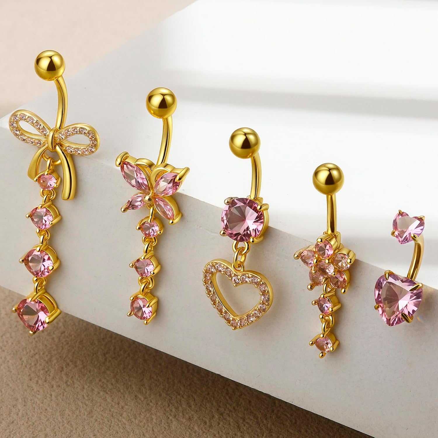 Belly Button Ring Dangle Navel Belly Piercing Jewelry Cute Pink CZ Heart Butterfly Bow Flower Navel Belly Rings for Women 14G Silver Stainless Steel Dainty Dangly Dangling Belly Button Piercing - Image 2