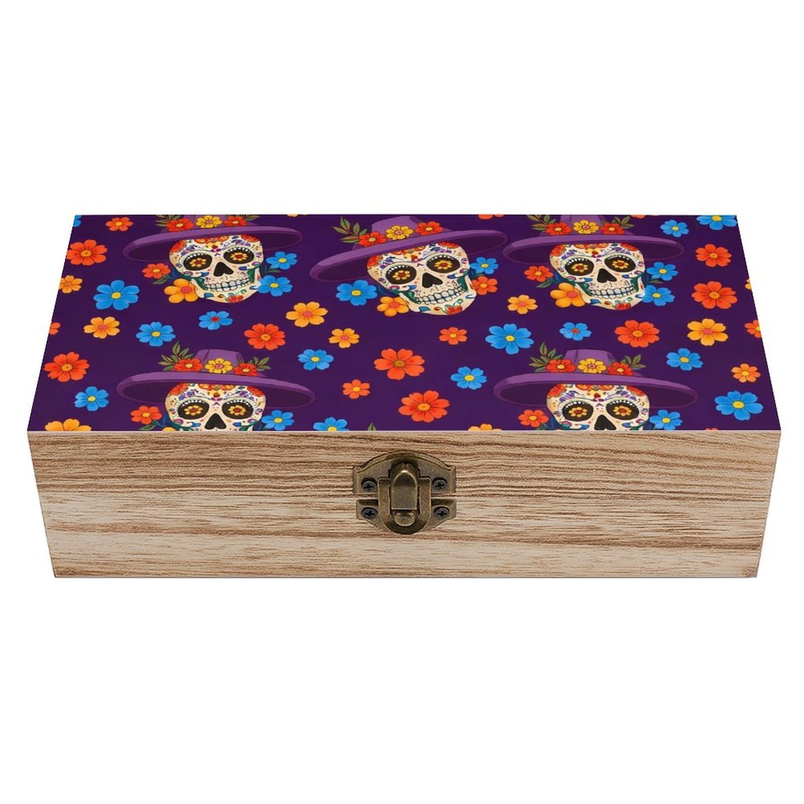 HLBSDM Day of The Dead Sugar Skulls And Flowers Wooden Storage Box