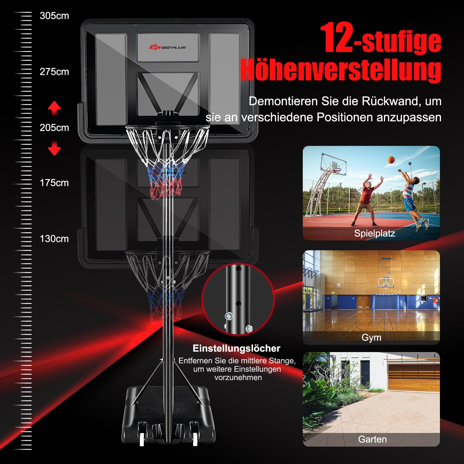 GOPLUS Basketballständer, Basketballanlage höhenverstellbar 130-305cm, Korbanlage Standfuß mit Wasser oder Sand, Basketballkorb mit Ständer für Jugendliche, Erwachsene
