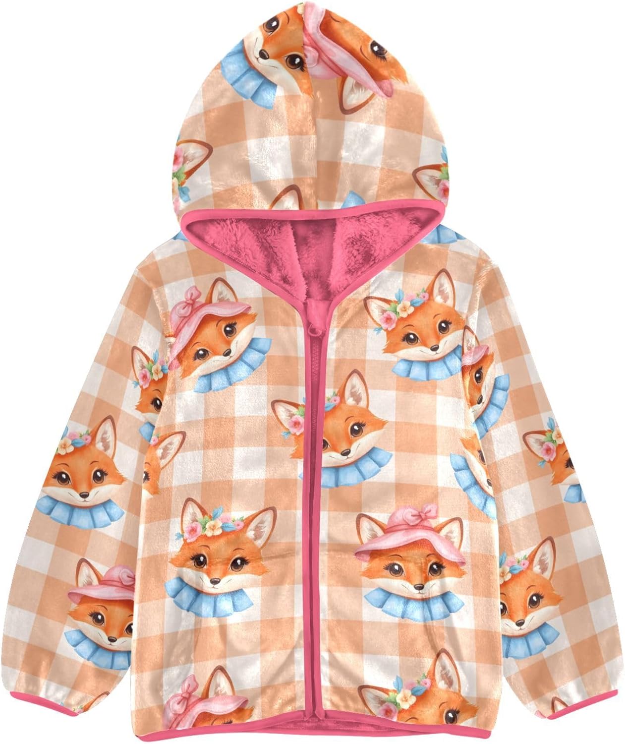 Girls Hoodie Outfit Grid Background Fox Pattern Zipper Sweatshirt Coat Fleece Jacket for Kids 3-10T