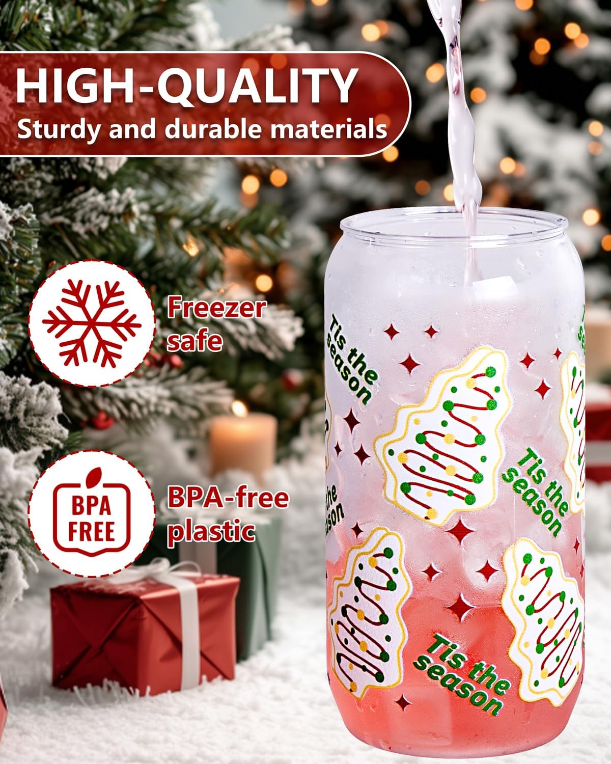 Ciaell 16 Pack Christmas Tree Plastic Cups - 16oz Can Shaped Drinking Glasses with 32PCS Lids and 16PCS Straws for Coffee Cocktail Soda Boba Beer Smoothie Christmas Party Gift - Image 7