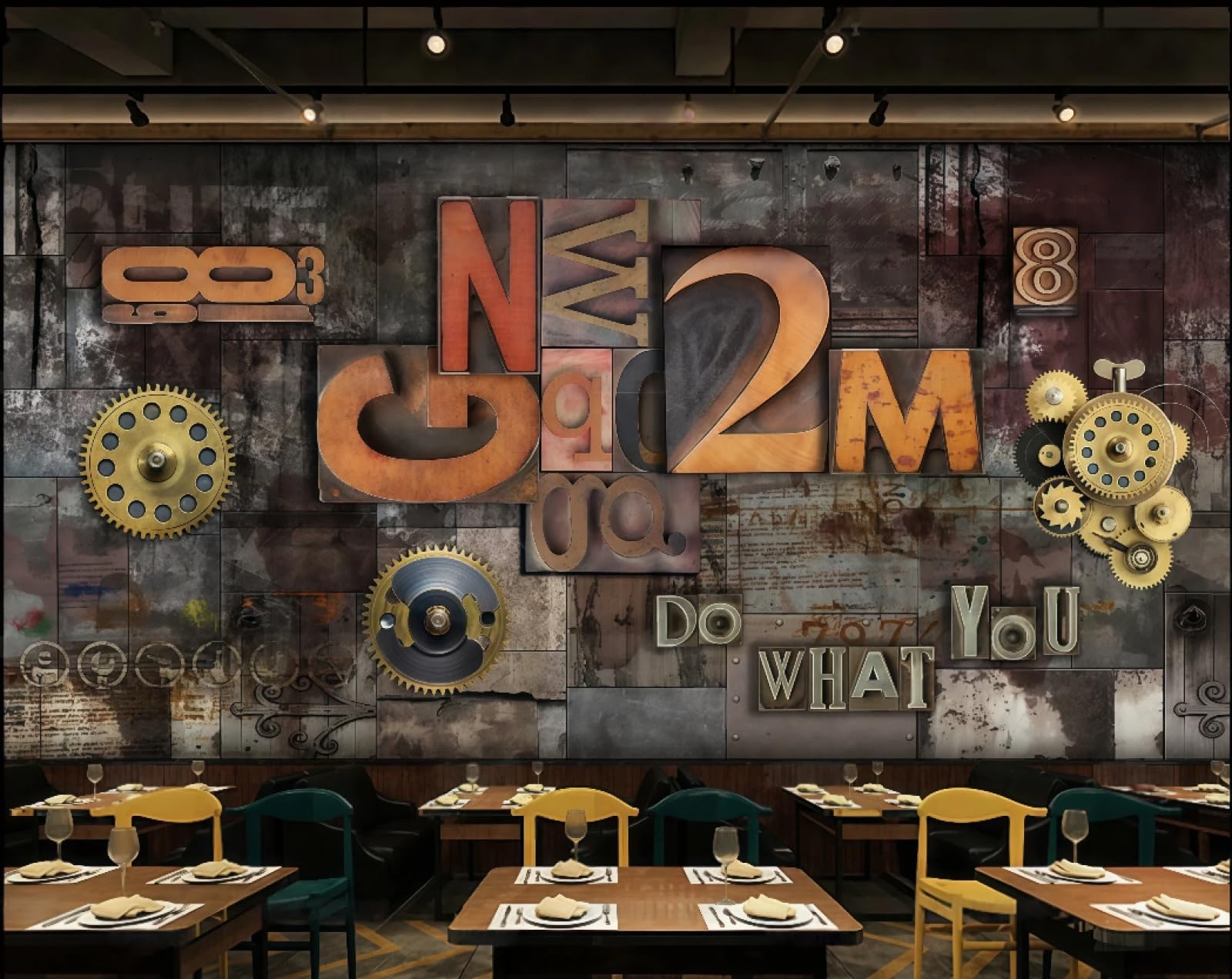 Tapeta retro żelazo mechaniczna przekładnia trójwymiarowa litera motyw bar zachodnia restauracja tło ścienne popołudniowa herbata kawa tapeta, 3D, 250x175cm