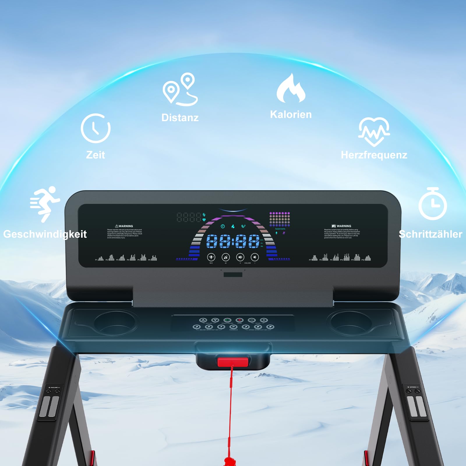 Laufband für Zuhause Klappbar mit Steigung bis 200 kg belastbar, 16.5 km/h Walking Pad mit KI Sprachsteuerung und Bosch Motor, Leise Elektrisches Laufband Schreibtisch mit App