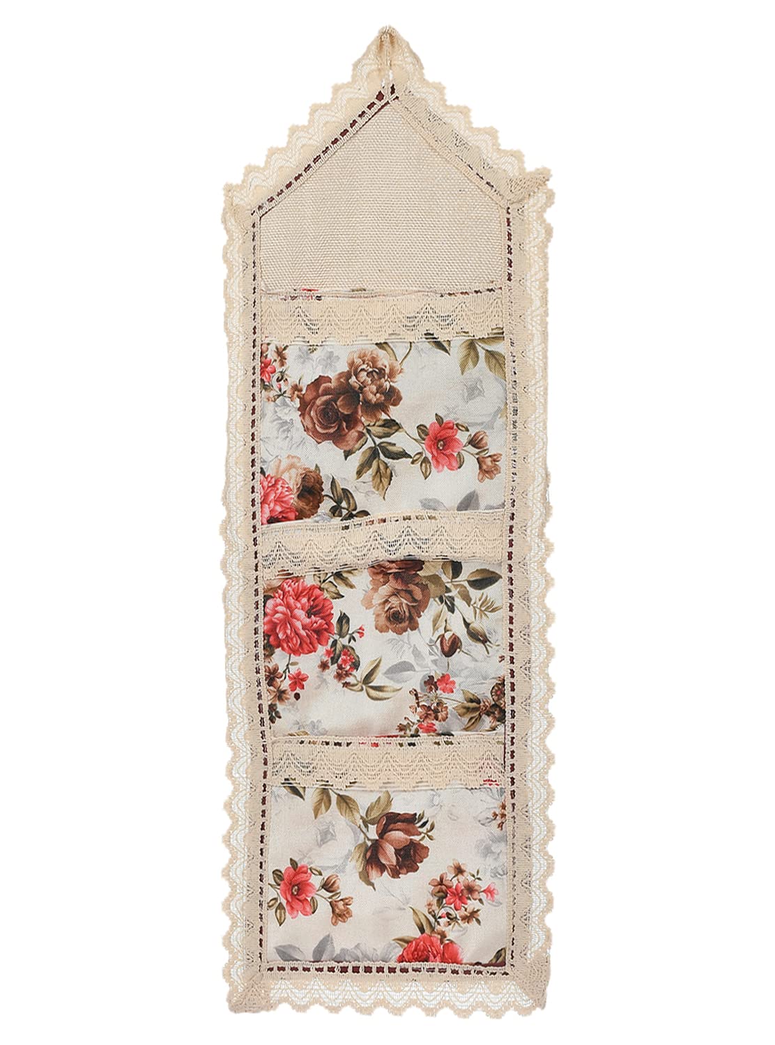 Kuber Industries Flower Printed Multiuses 3 Pockets Wall Hanging Storage Organizer/Holder For Home (Cream & Red)-50KM01175(Cotton)-image-40