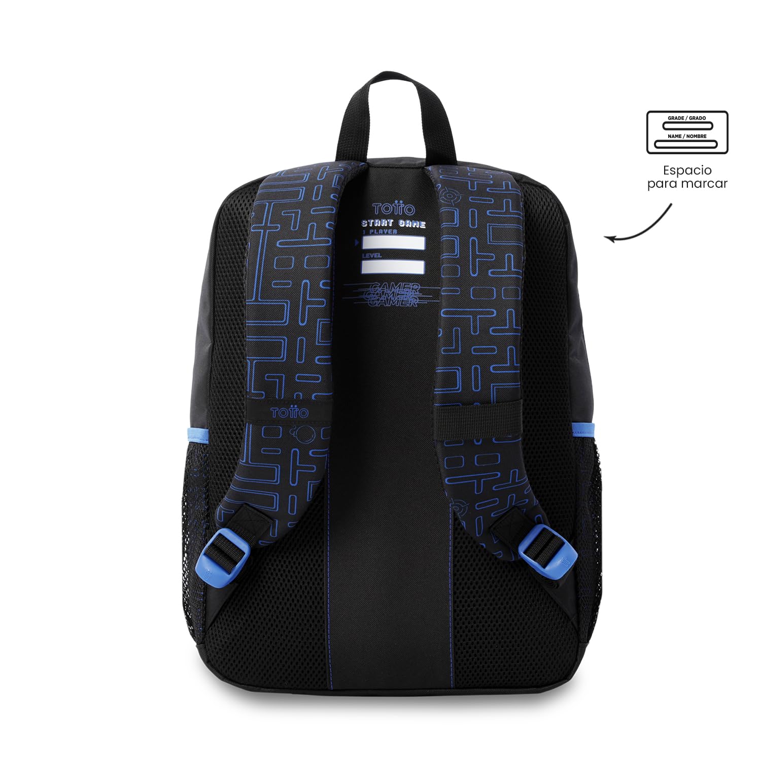 TOTTO - Mochila Escolar, Modelo Vortex M, Mochila Mediana, Capacidad 18L, 2 Compartimentos Delanteros, Bolsillos Botella, Organizador Interno, Correas Acolchadas, Resistente, Estampado Negro