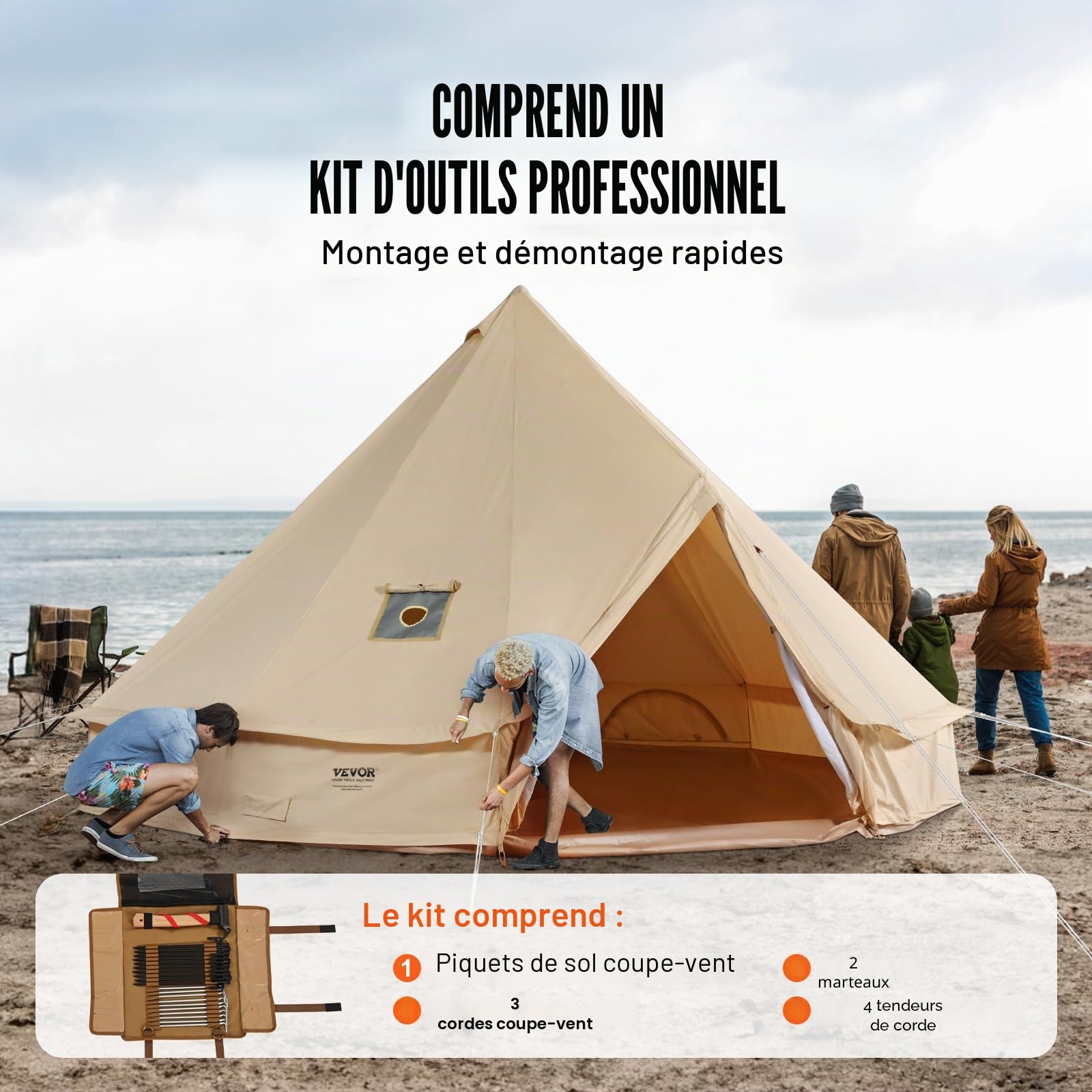 VEVOR Tente Cloche en Toile 4 m de Yourte 4 Saisons pour Camping Familial avec Trou de Poêle à Bois, Sacs de Rangement pour Glamping Jusqu'à 6 Personnes, Groupes en Plein Air, Fête, Chasse