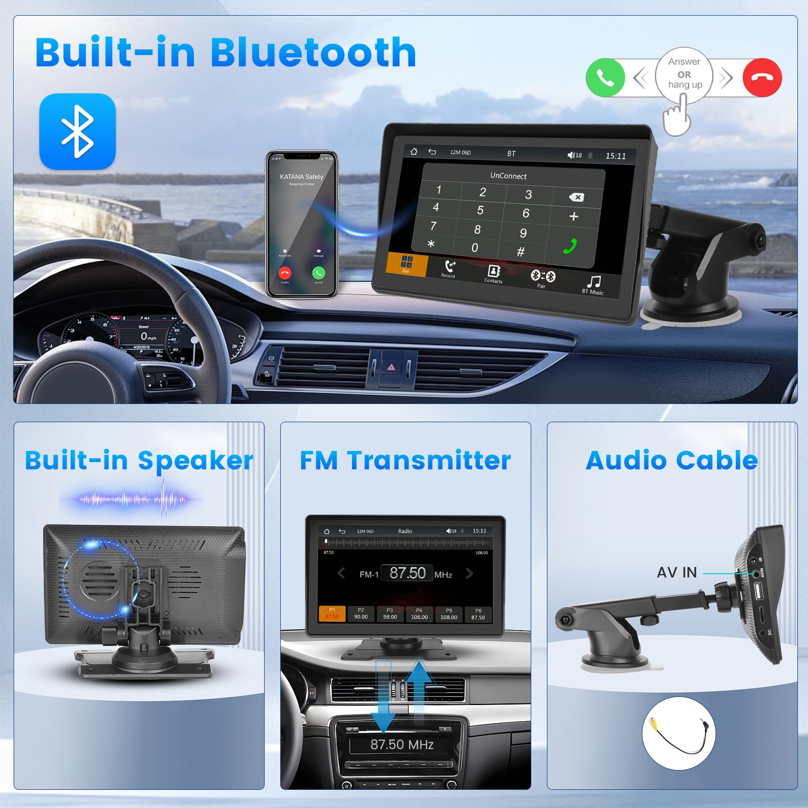 Inefala Przenośne radio samochodowe Android Car 7-calowy ekran Carplay Samochodowe radio stereo Bluetooth 5.1, transmisja FM, Siri, Mirror Link 12V-24V