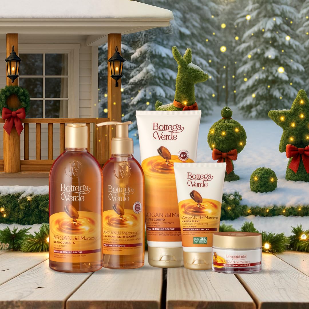 Bottega Verde - Cofanetto Regalo Argan del Marocco con Pochette, Bagnodoccia 400 ml, Crema Mani 75 ml, Latte Corpo 200 ml, Lavamani 250 ml e Crema Viso 50 ml, Idea Regalo