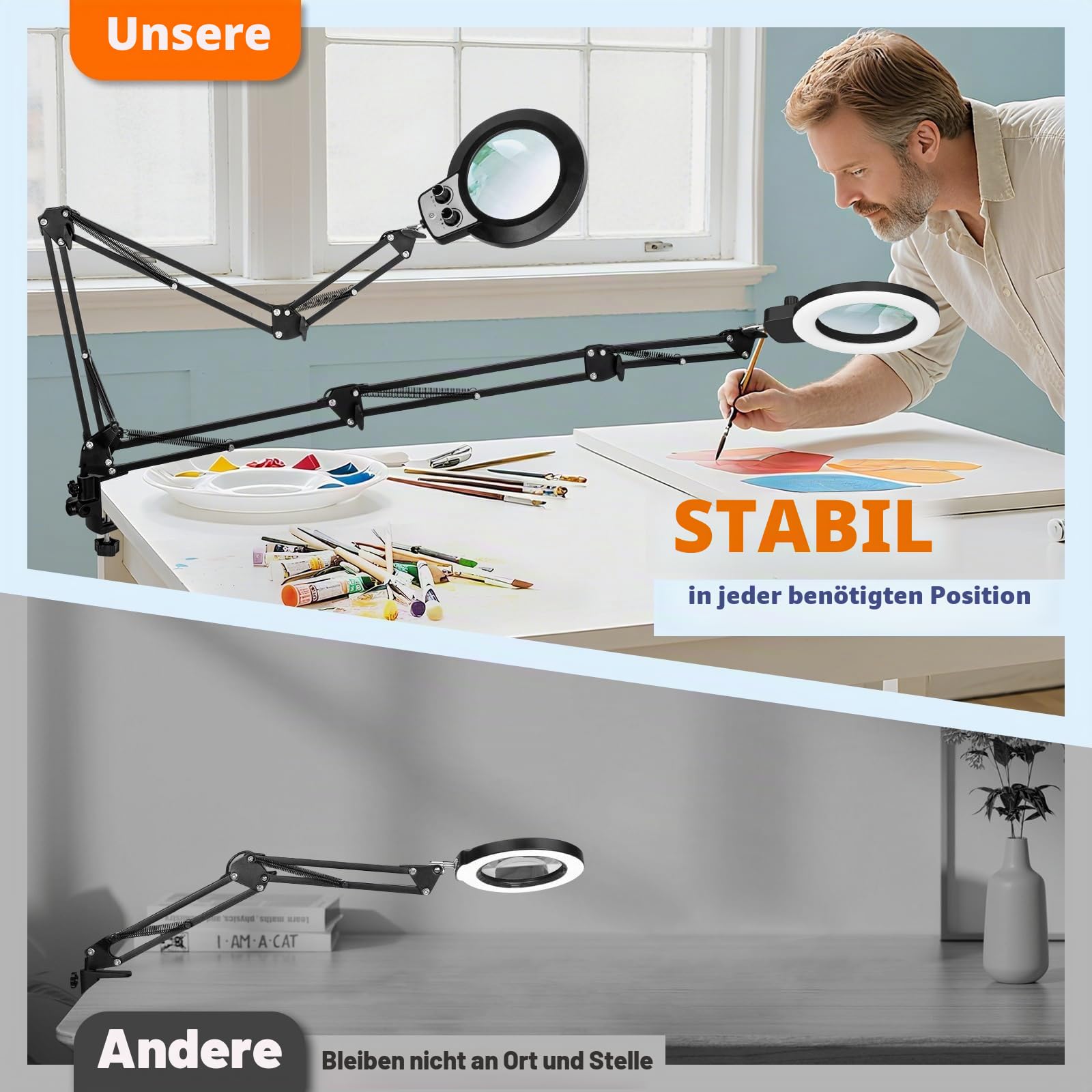 KIRKAS 12-fache Lupe mit Licht und Ständer, extra langer Armknopf | Lupenlampe für Werkbank, Handwerk, Nähen, LED-beleuchtete Lupe, Echtglaslinse, stufenloses Dimmen und Farbe (88,9 cm Klemme)