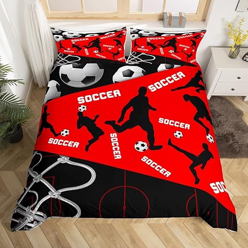 Miniatura 3 de Erosebridal Juego de funda de edredón de fútbol para niños y adolescentes, juego de ropa de cama de fútbol americano rojo y negro, funda de edredón