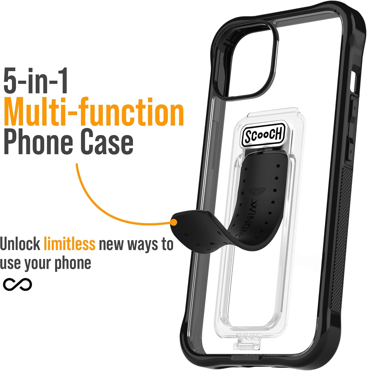 Scooch® for iPhone 14 Case with Stand, Wingman 5-in-1 Kickstand Case, Military Grade Drop Protection, Pop-Out Kickstand, Phone Grip, Car Mount, Tuxedo Clear