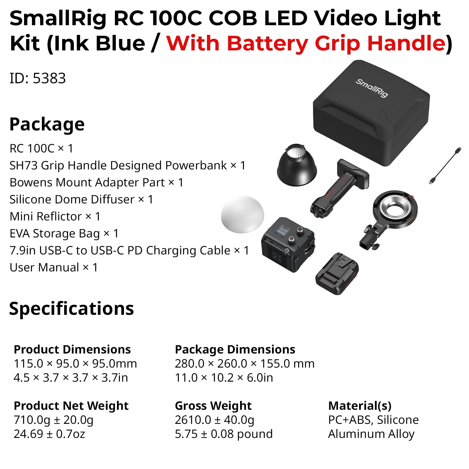 SMALLRIG RC 100C RGBWW Projecteur Vidéo LED, Contrôle par APP, Eclairage Continu mini COB 100 W, Projecteur portable 2700-10000 K, CRI 96+, 12 Effets, 11000 lux/1 m, avec Poignée de Batterie - 5383