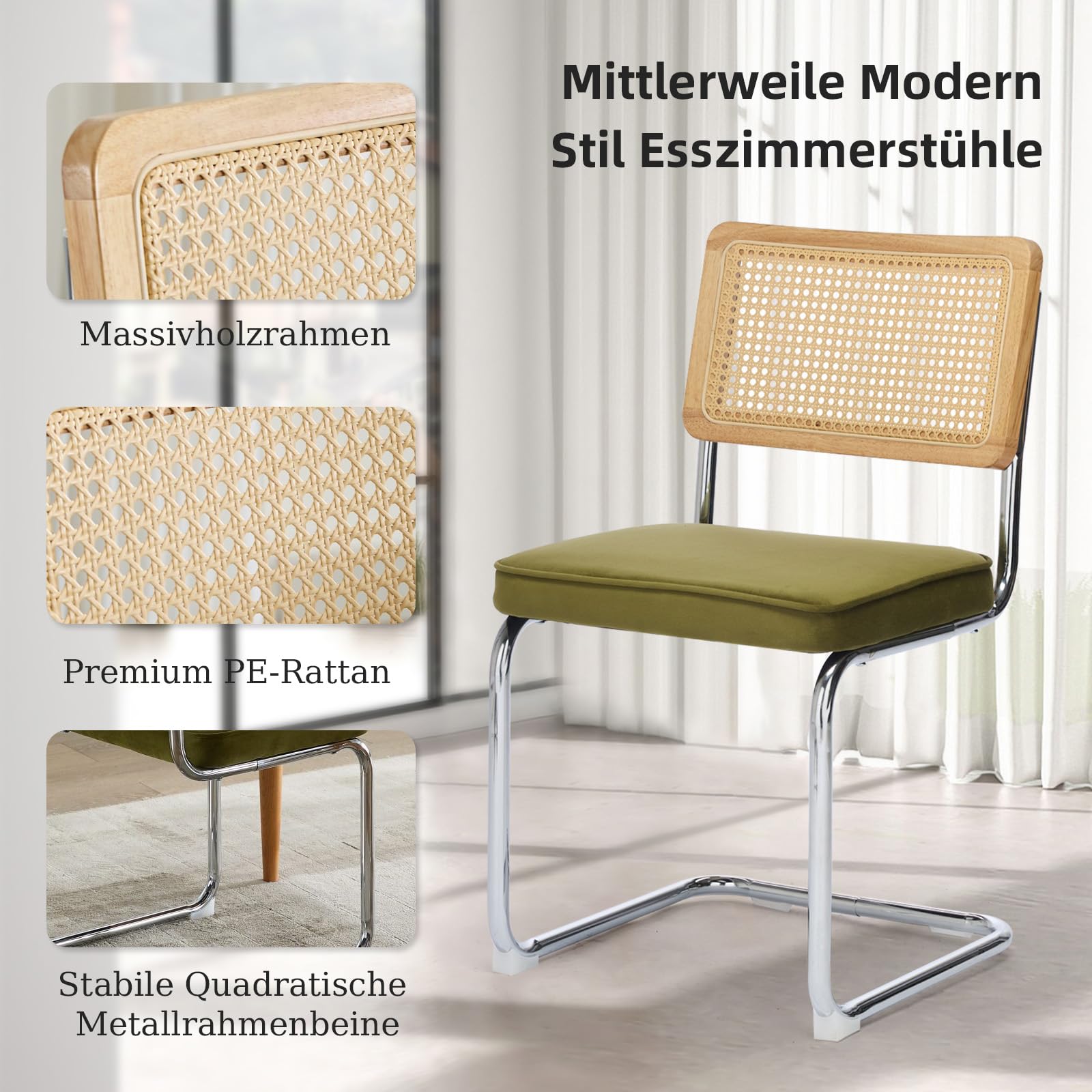 SoarFlash Mid-Century Moderne Esstühle, Handgewebte Rattanlehne, Cantilever-Struktur aus Verchromtem Stahl, Weiches Samtpolster, Set aus 2, Grün