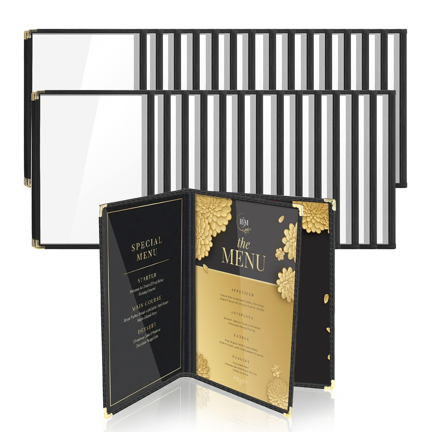 Flexzion Menu cover 8.5X11 pollici nero popolare di triplo Holder stile del libro Con 3 Page 6 vista d'angolo di protezione per il ristorante Hotel Deli Caffè Bar Pub Confezione da 30 Trasparente