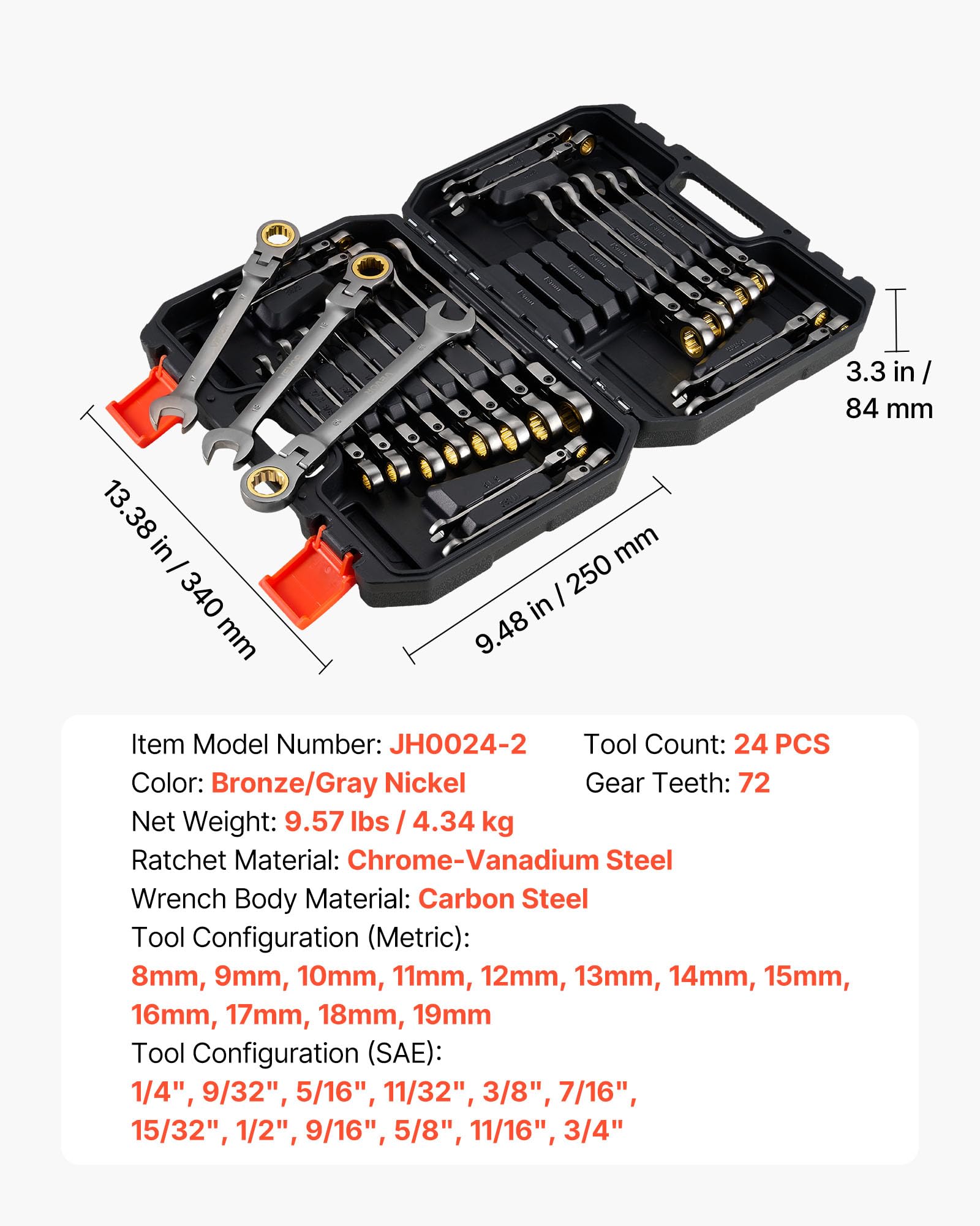 VEVOR Set di Chiavi Combinate a Cricchetto 24 Pezzi, Set di Chiavi a Cricchetto con Misure Metriche e SAE, Testa Snodata a 180°, Meccanismo a 72 Denti, con Custodia per Uso Casa e Auto, Nichel Grigio