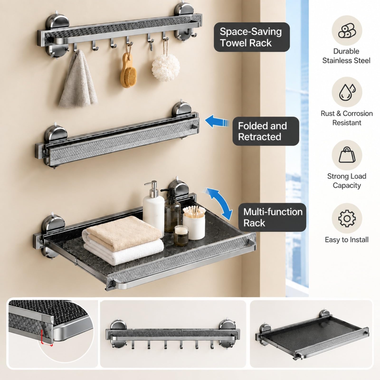 44/60CmAccesorios BañO Sin Taladro Ventosa Colgador BañO Negro Plegables