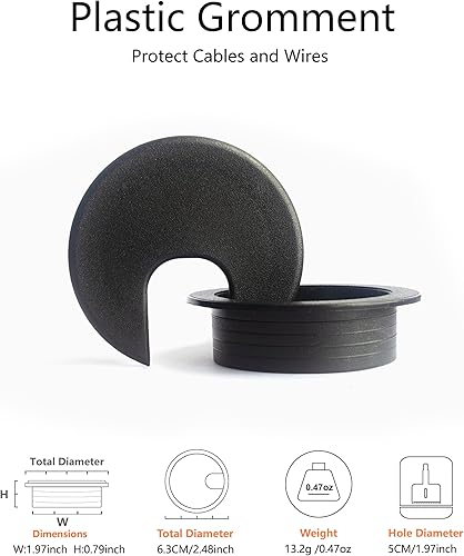 Miniatura 2 de Paquete de 6 ojales de 1.969 in para cable de escritorio con kit de sierra de agujero bimetálico y gestión de manguitos de tubo en espiral de