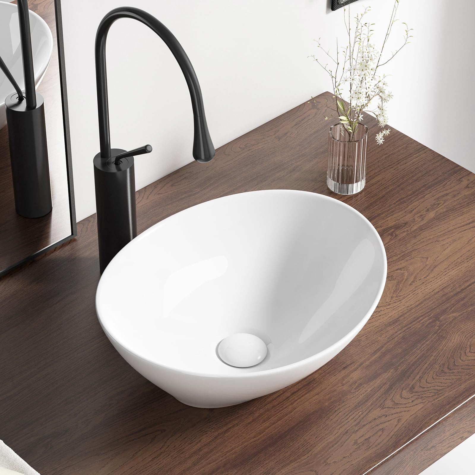 Oval Bathroom Vessel Sink Above Counter, QISHKA 16" x 13" Countertop Vanity Sink Modern Art Basin Lavatory White Ceramic White Bowl Sink