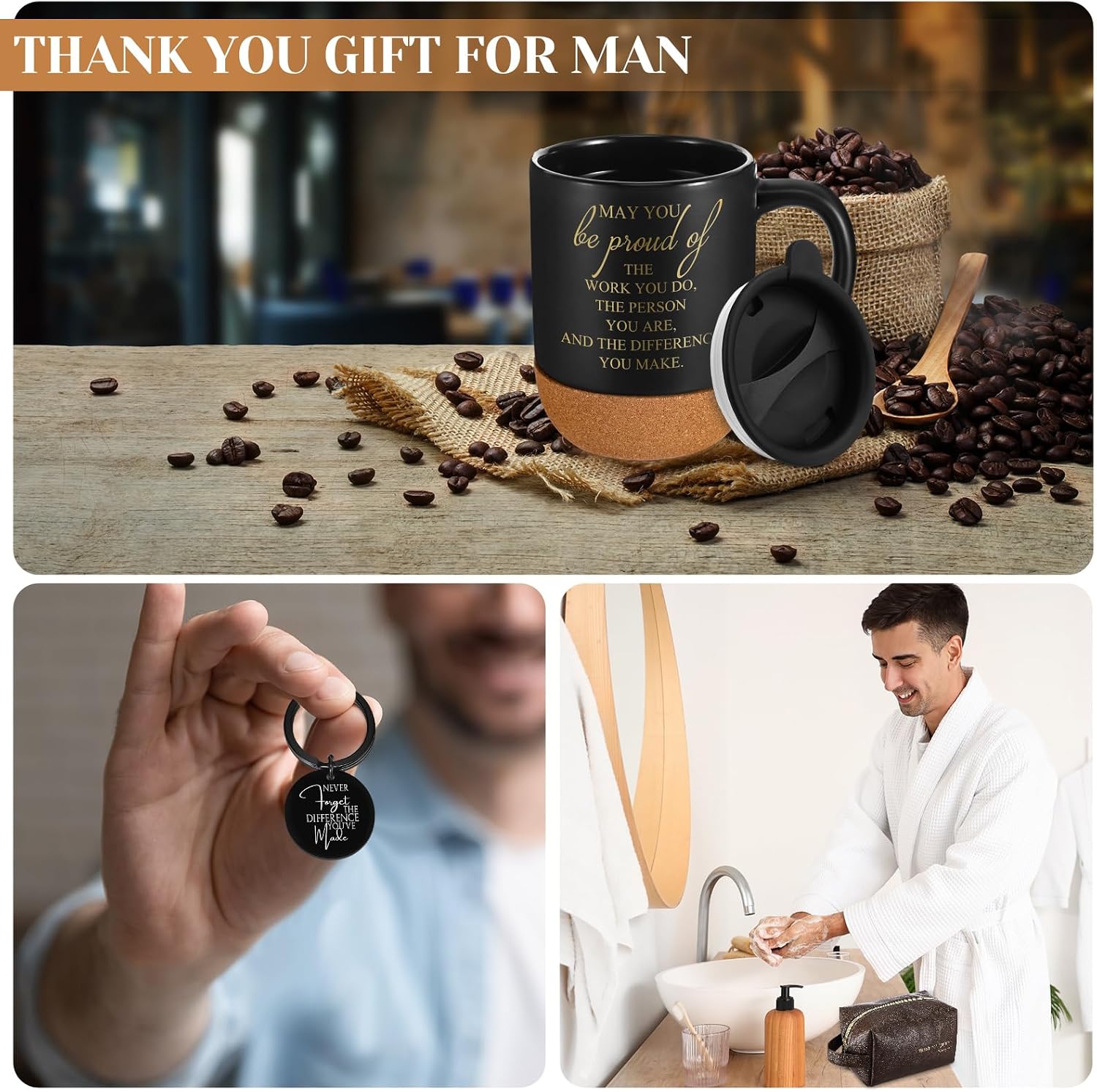 Dandat 3 Pcs Thank You Gift for Men Father's Day Appreciation Gift Leather Toiletry Bag May You Be Proud of the Work 15Oz Coffee Cup with Keychain for Male Teacher CNA Week Nurse Coworker(Brown)