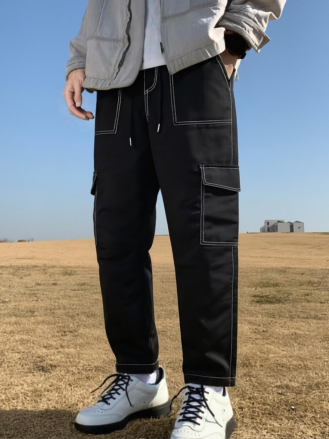 Men's Cargo Long Pants 1-Pack Straight Leg Sweatpants with Drawstring & Pockets, Big & Tall Casual Athletic Trousers