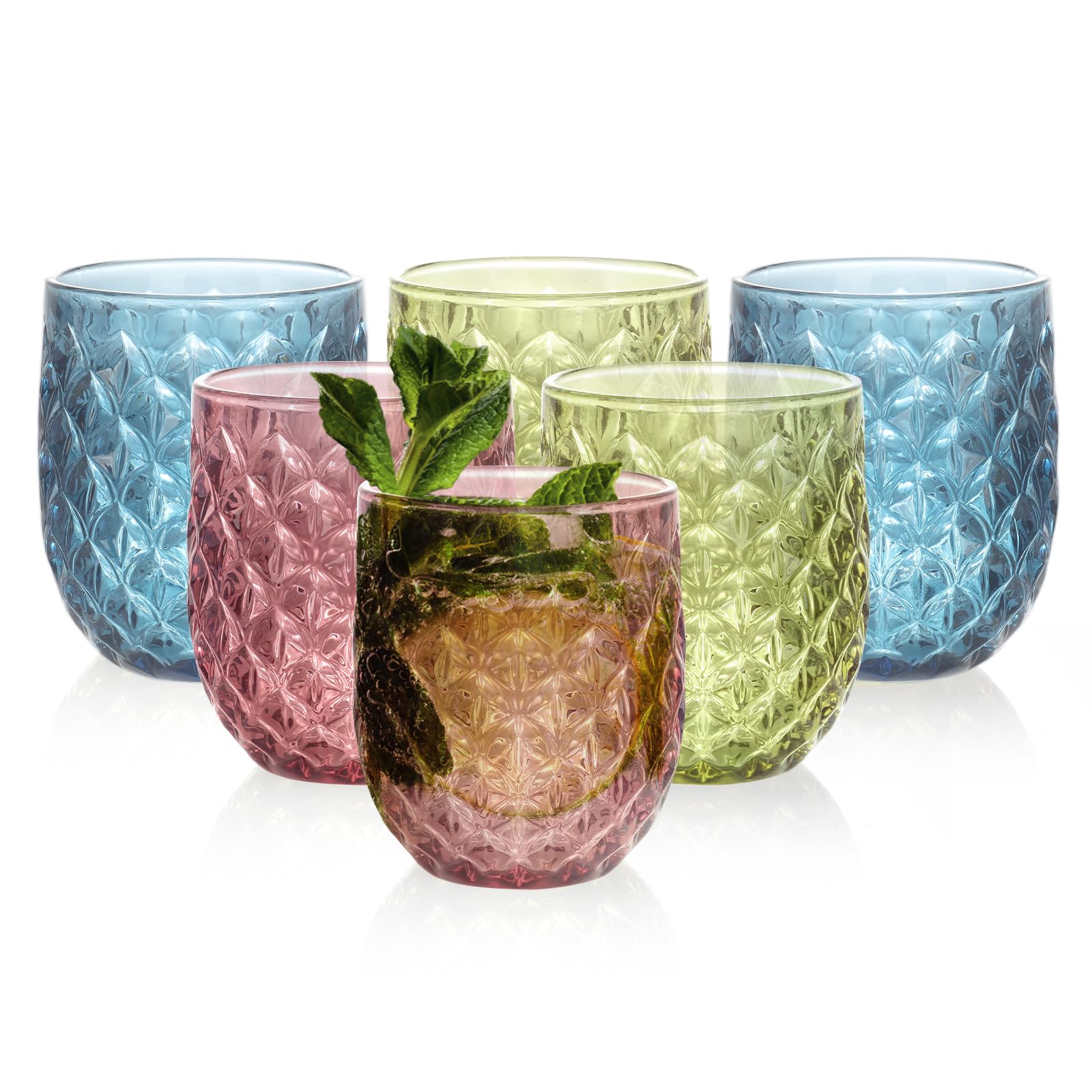 Set of 6-360ml/12oz Vintage Tumbler Glasses - Decorative Floral Embossed Water Glasses - Heavy Duty Glassware Beverages Tumblers for Whisky, Beer, Juice, Wine, Upgraded - 2Green + 2Blue + 2Pink