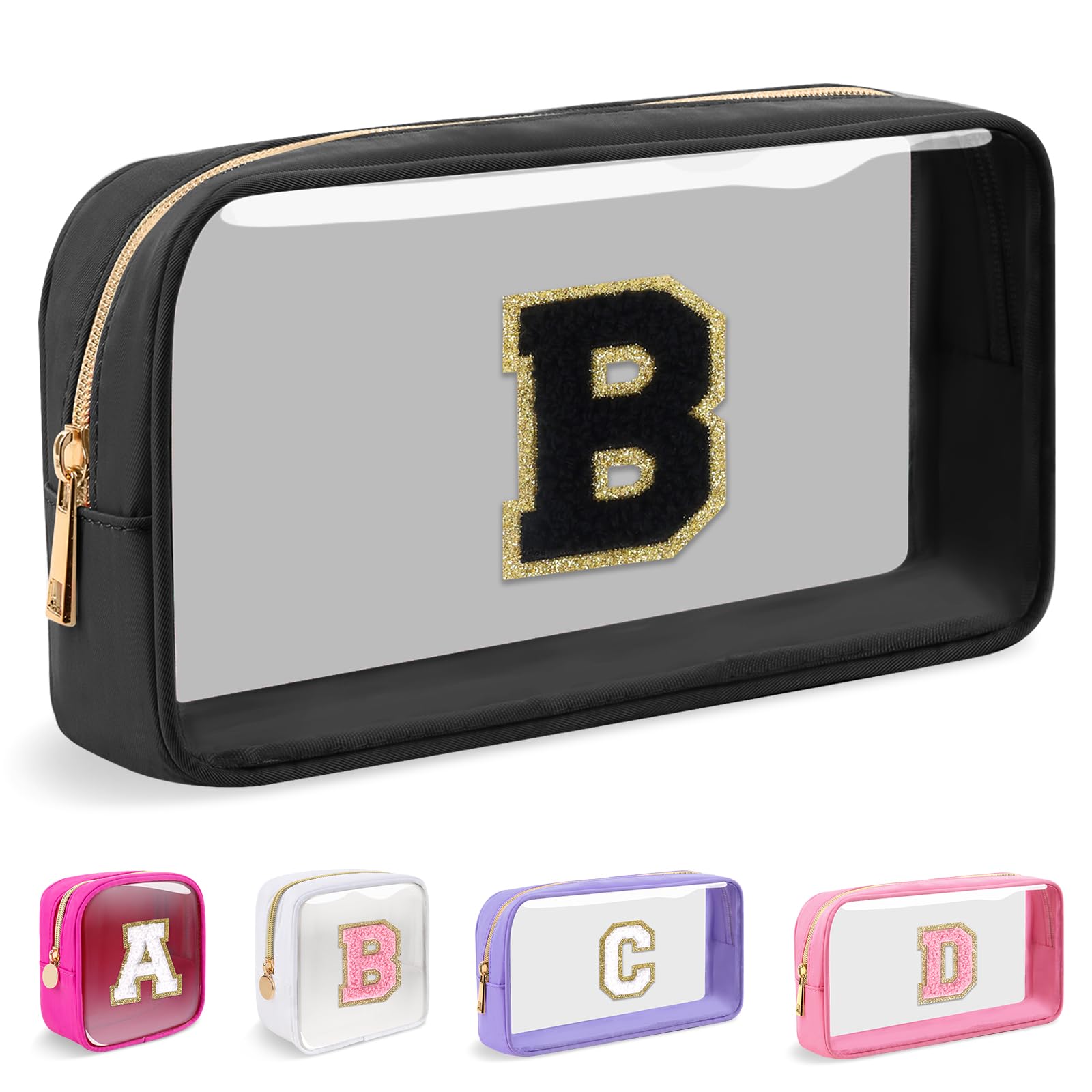 Small Clear Personalized Initial Makeup Bag,Nylon Preppy A-Z Chenille Letter Patch Cosmetic Pouch Beach Toiletry Bag,Waterproof Zipper Travel Purse