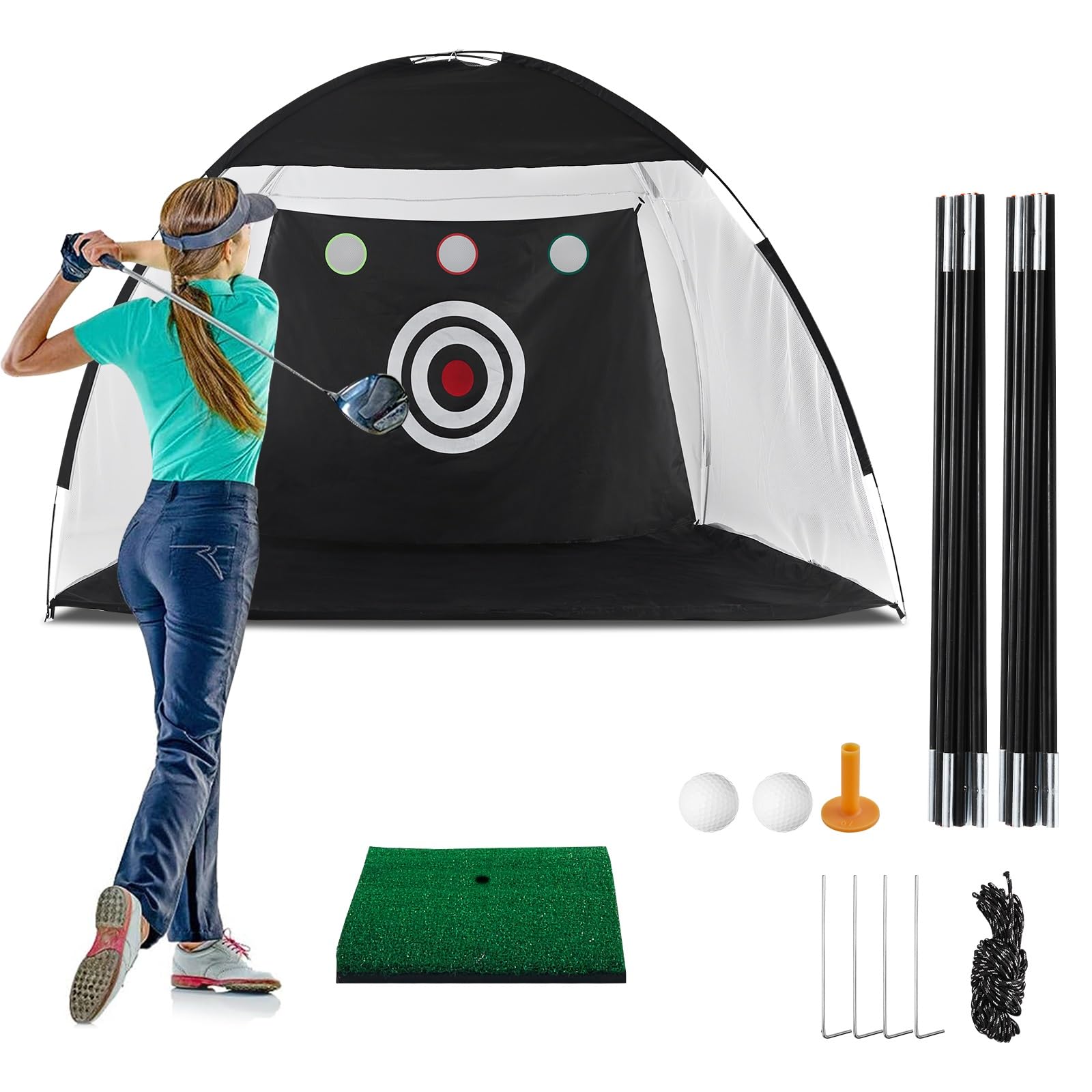 TUKAILAi 10x7ft Golf-Schlagnetz, Faltbares Golf Portable Golfnetz for Garten Indoor Outdoor, Golf-Übungs-Schlagnetze für Hinterhof für drinnen/draußen/Hinterhof, All-in-1 Golf Übungsnetz